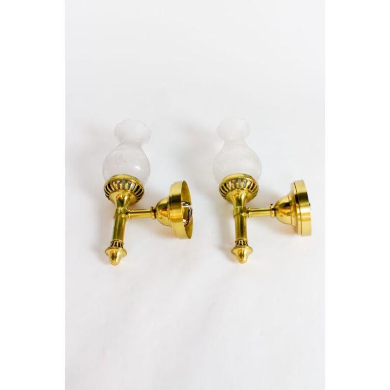 Pair of Brass Single Arm Argand Sconces with Beautiful Cut Glass Shades In Excellent Condition For Sale In Canton, MA