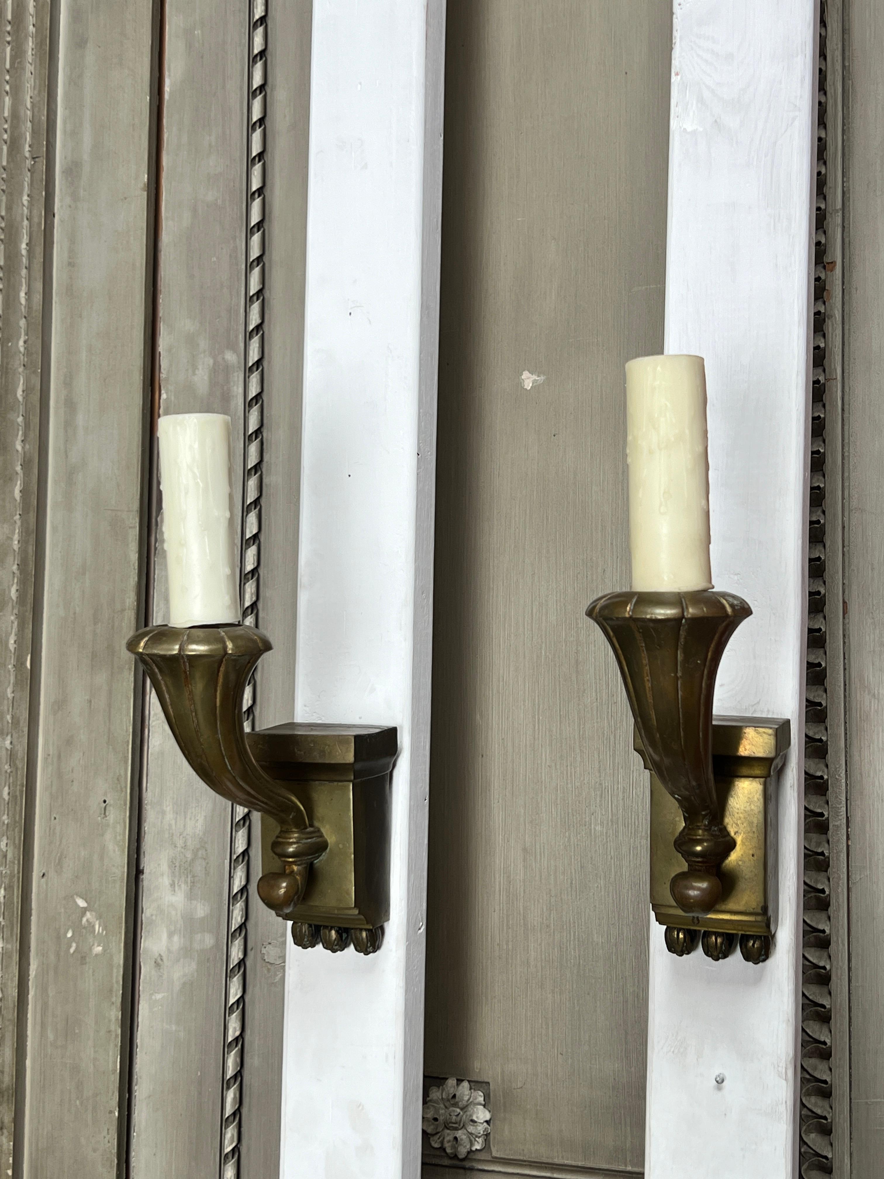 Hollywood Regency Pair of Brass Single Arm Sconces  For Sale