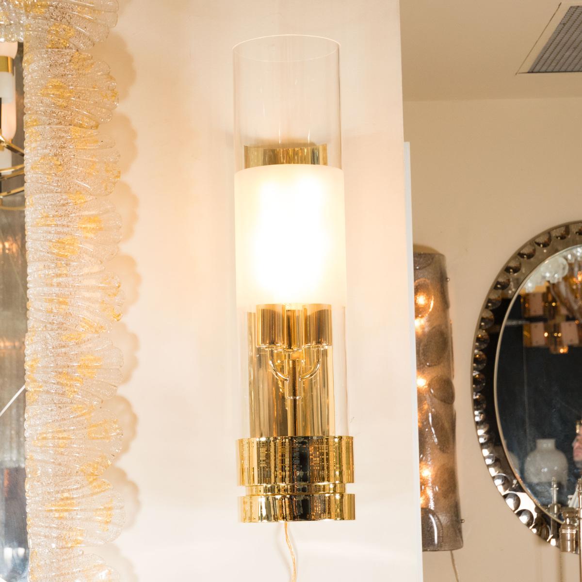 Mid-Century Modern Pair of Brass Single Arm Sconces with Cylindrical Lucite Shades For Sale