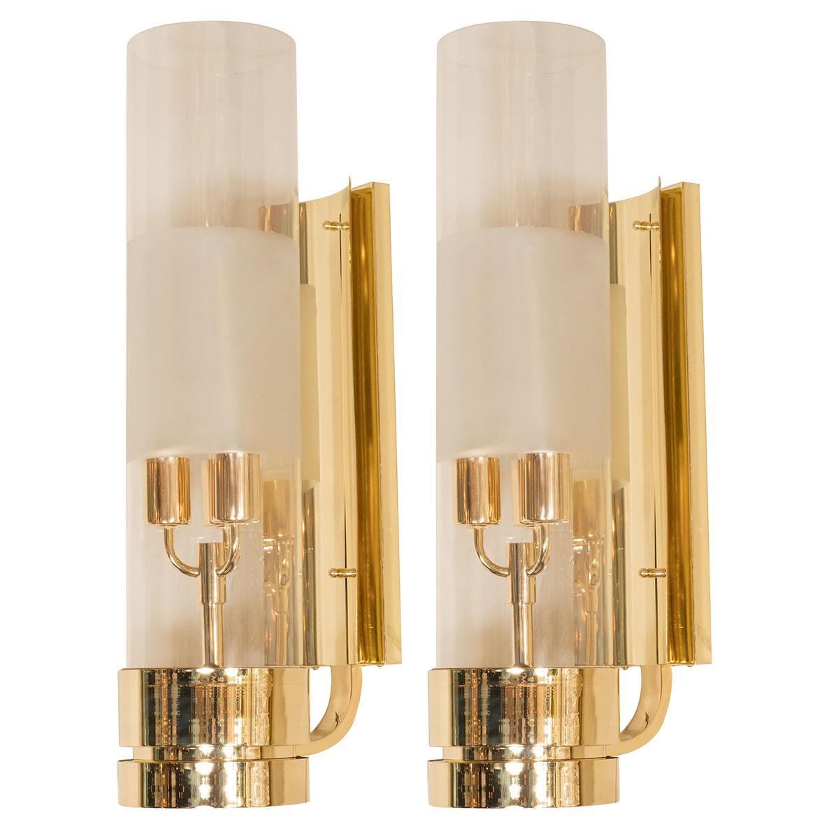 Pair of Brass Single Arm Sconces with Cylindrical Lucite Shades For Sale
