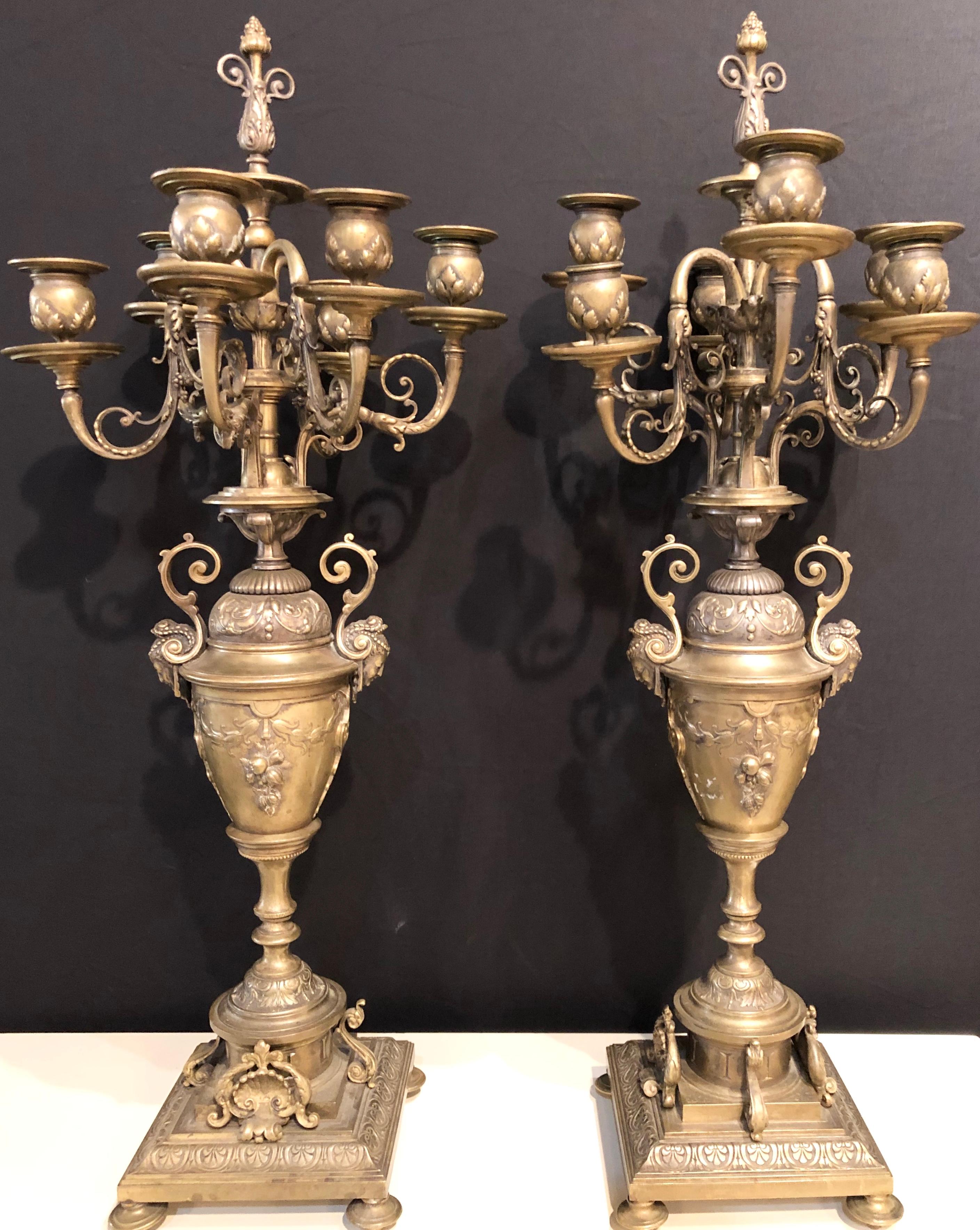 Pair of Brass Six-Arm Candelabras Bearing Figurative Faces and Fruits In Good Condition In Stamford, CT