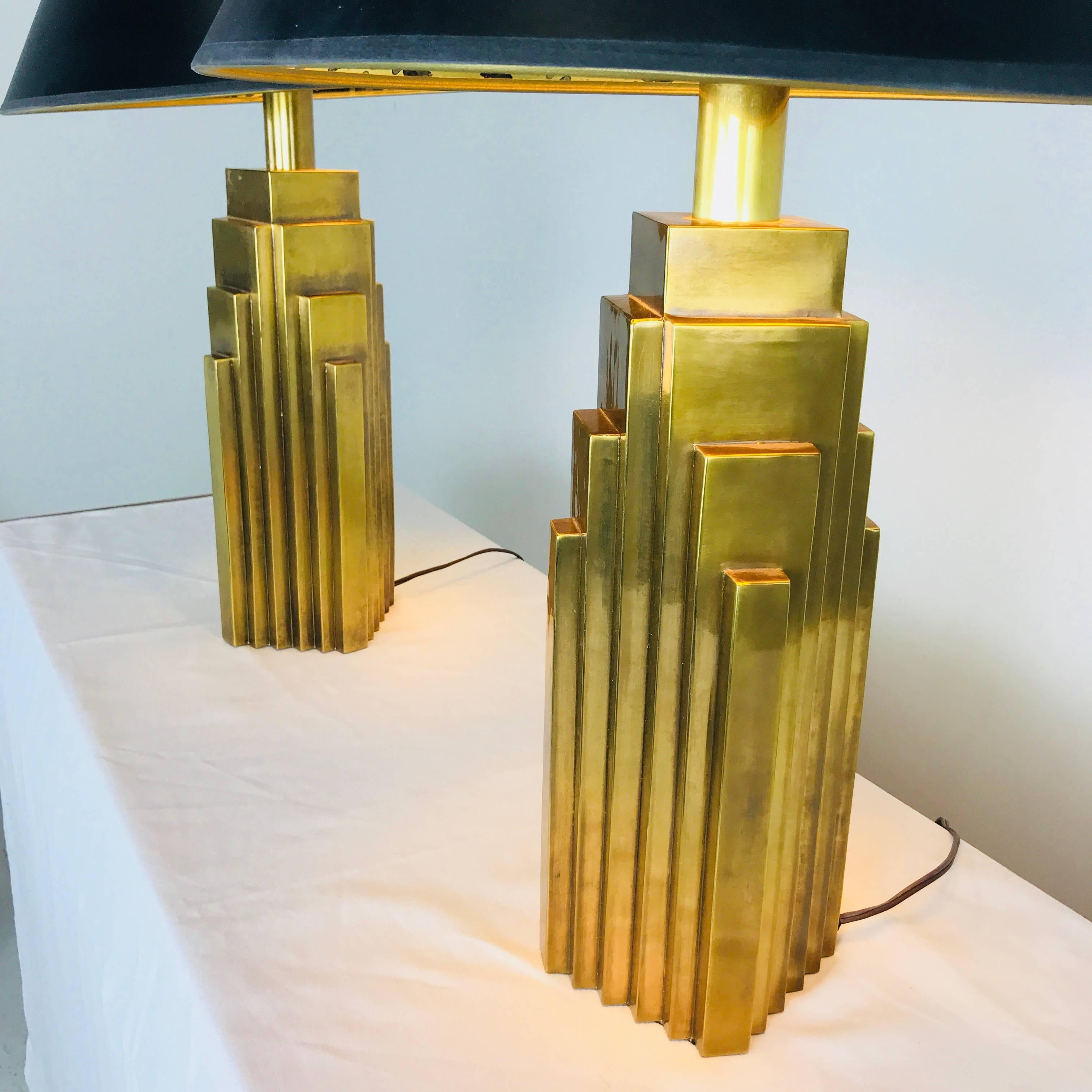 Mid-Century Modern Pair of Brass Skyscraper Table Lamps with Black Shades by Chapman