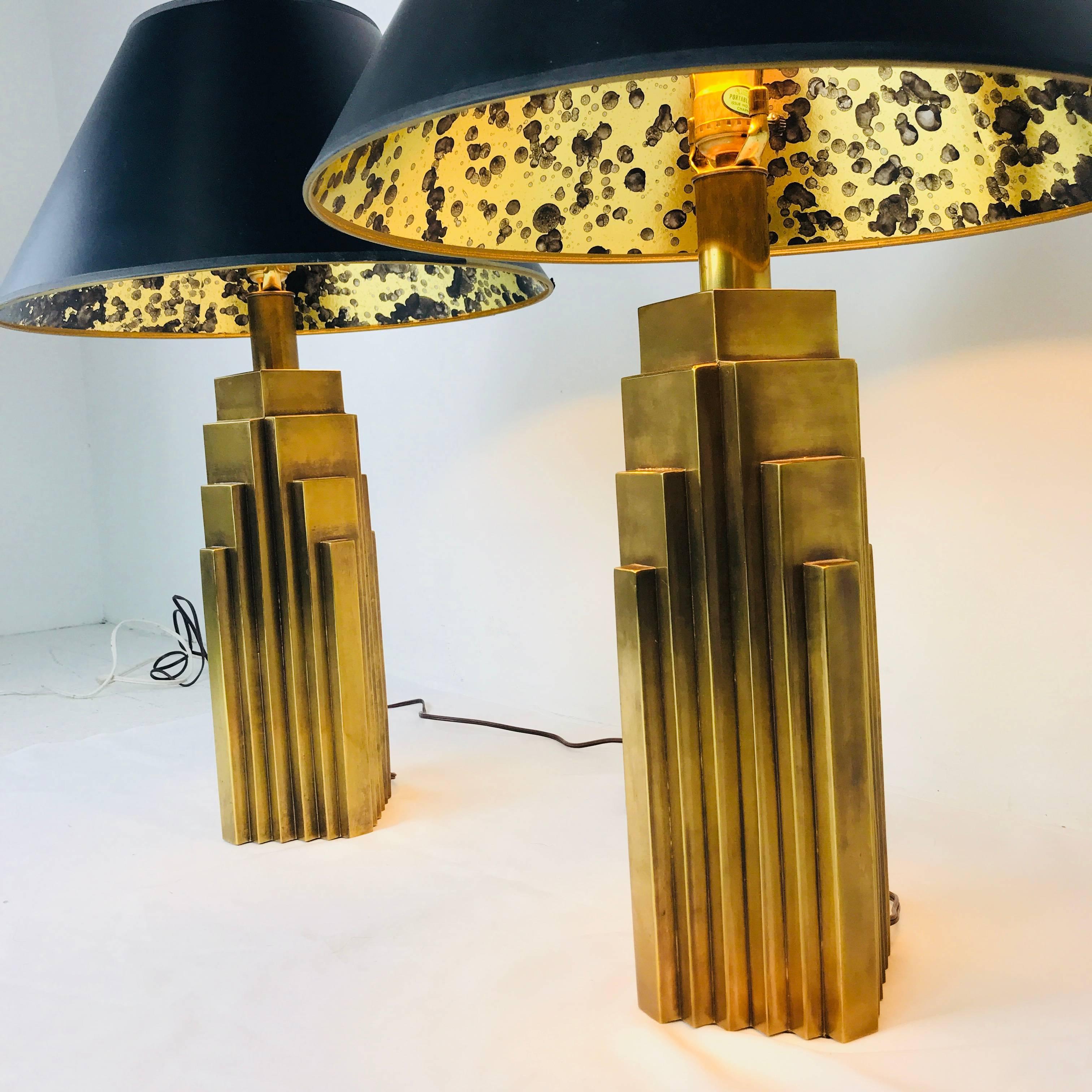 Pair of Brass Skyscraper Table Lamps with Black Shades by Chapman In Good Condition In Dallas, TX
