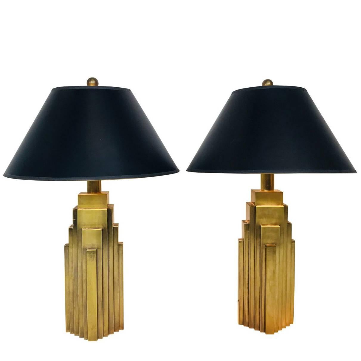 Pair of Brass Skyscraper Table Lamps with Black Shades by Chapman