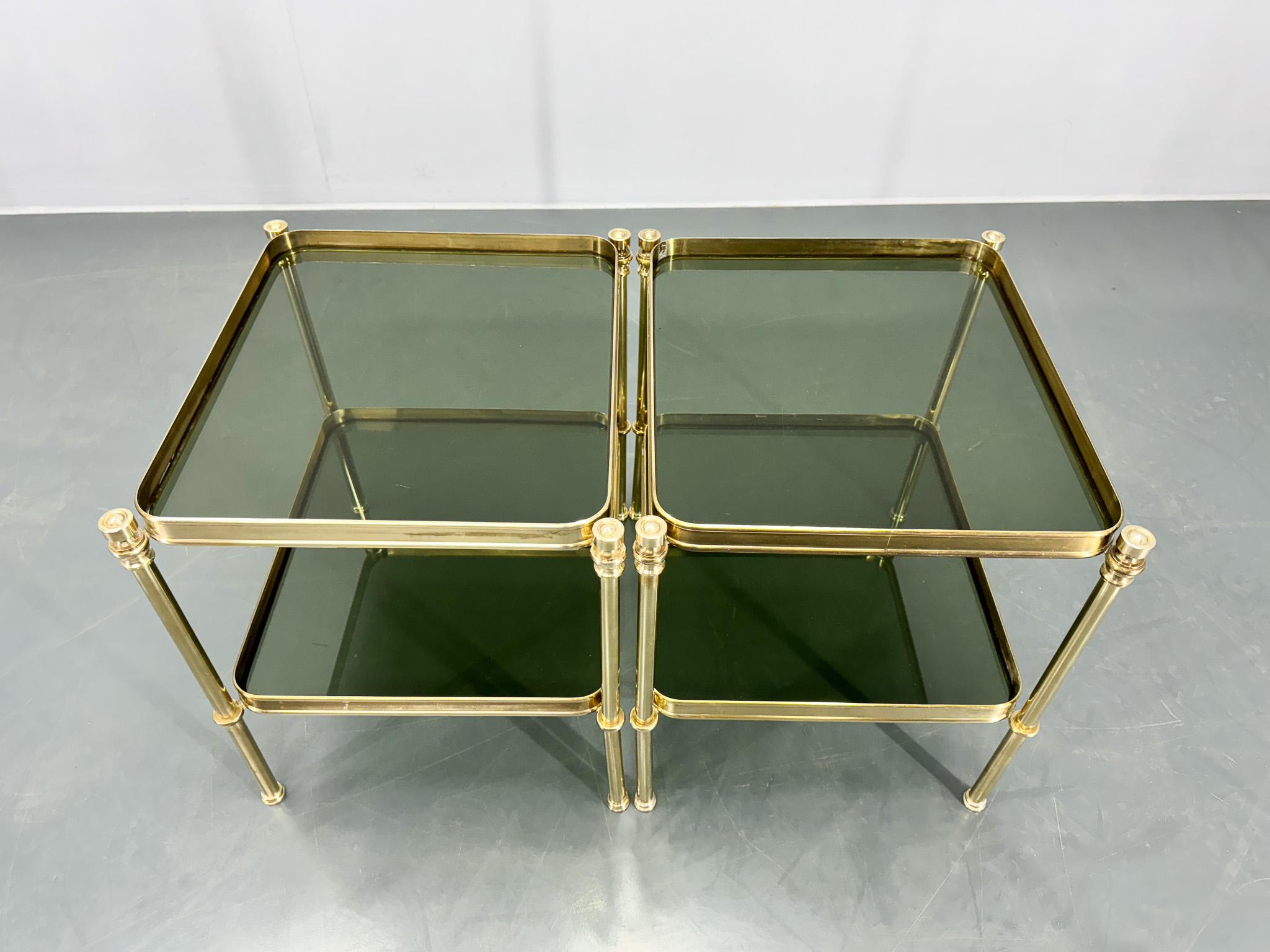 20th Century Pair of Brass & Smoked Glass Side Tables or Nightstands, 1970's For Sale