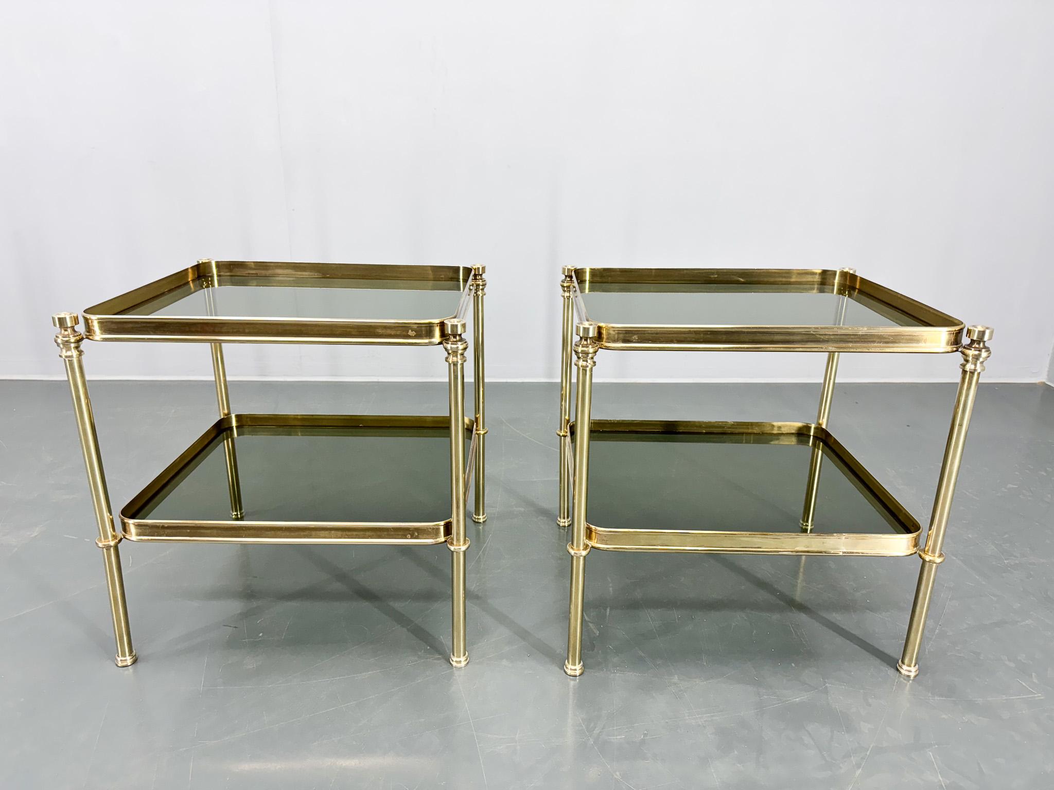 Pair of Brass & Smoked Glass Side Tables or Nightstands, 1970's For Sale 1