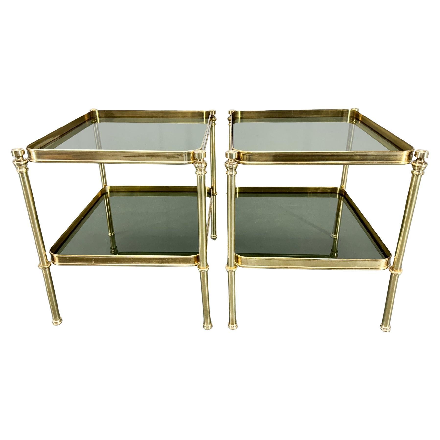 Pair of Brass & Smoked Glass Side Tables or Nightstands, 1970's