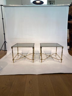 Pair of Brass Smoked Green Glass Side Coffee Tables Maison Jansen 1960s
