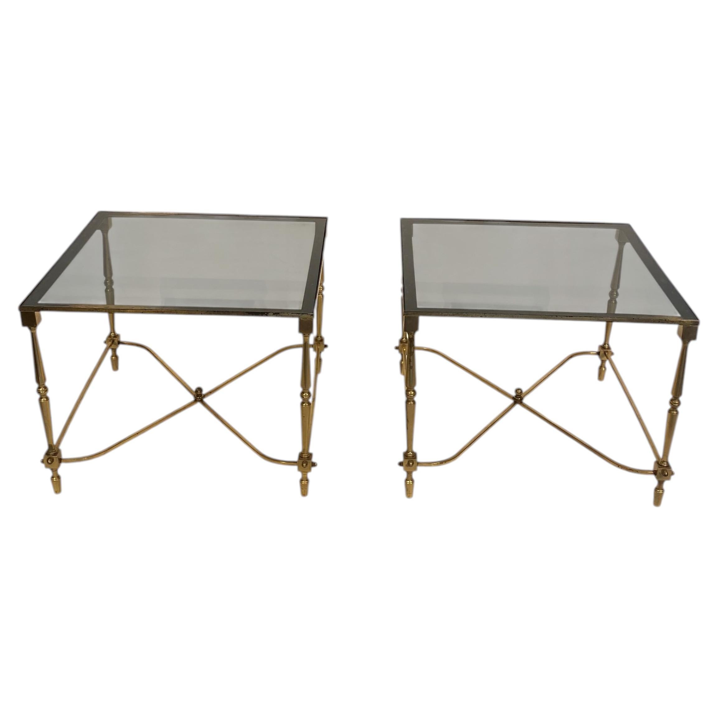 Pair of Brass Smoked Green Glass Side Coffee Tables Maison Jansen 1960s For Sale
