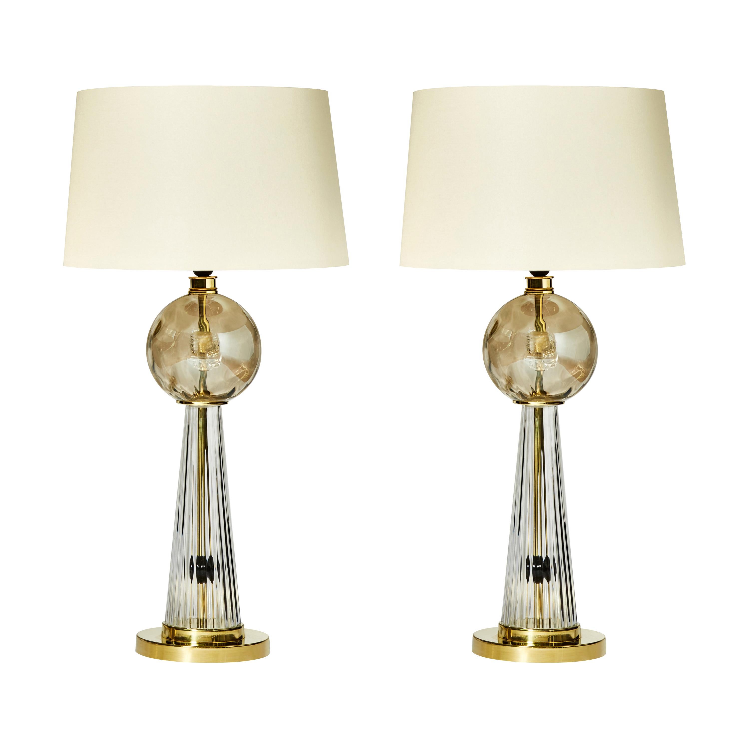 Pair of Brass Smokey and Golden Murano Glass Table Lamps
