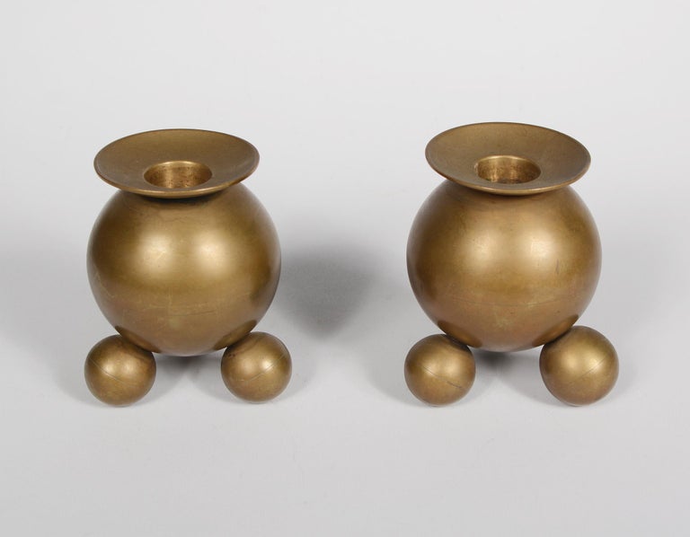 Pair of Brass Sphere Candle Holders by Gusums at 1stDibs