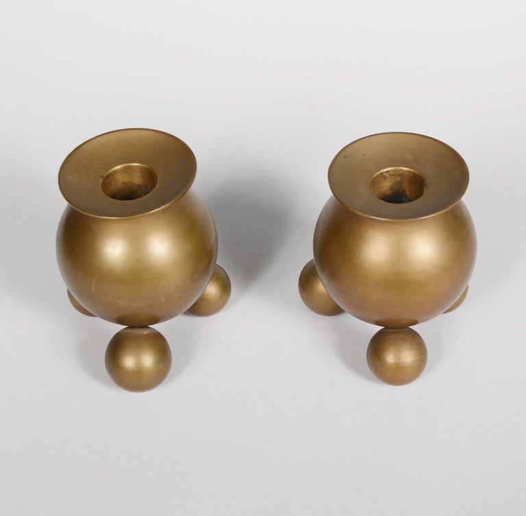 Pair of Brass Sphere Candle Holders by Gusums at 1stDibs