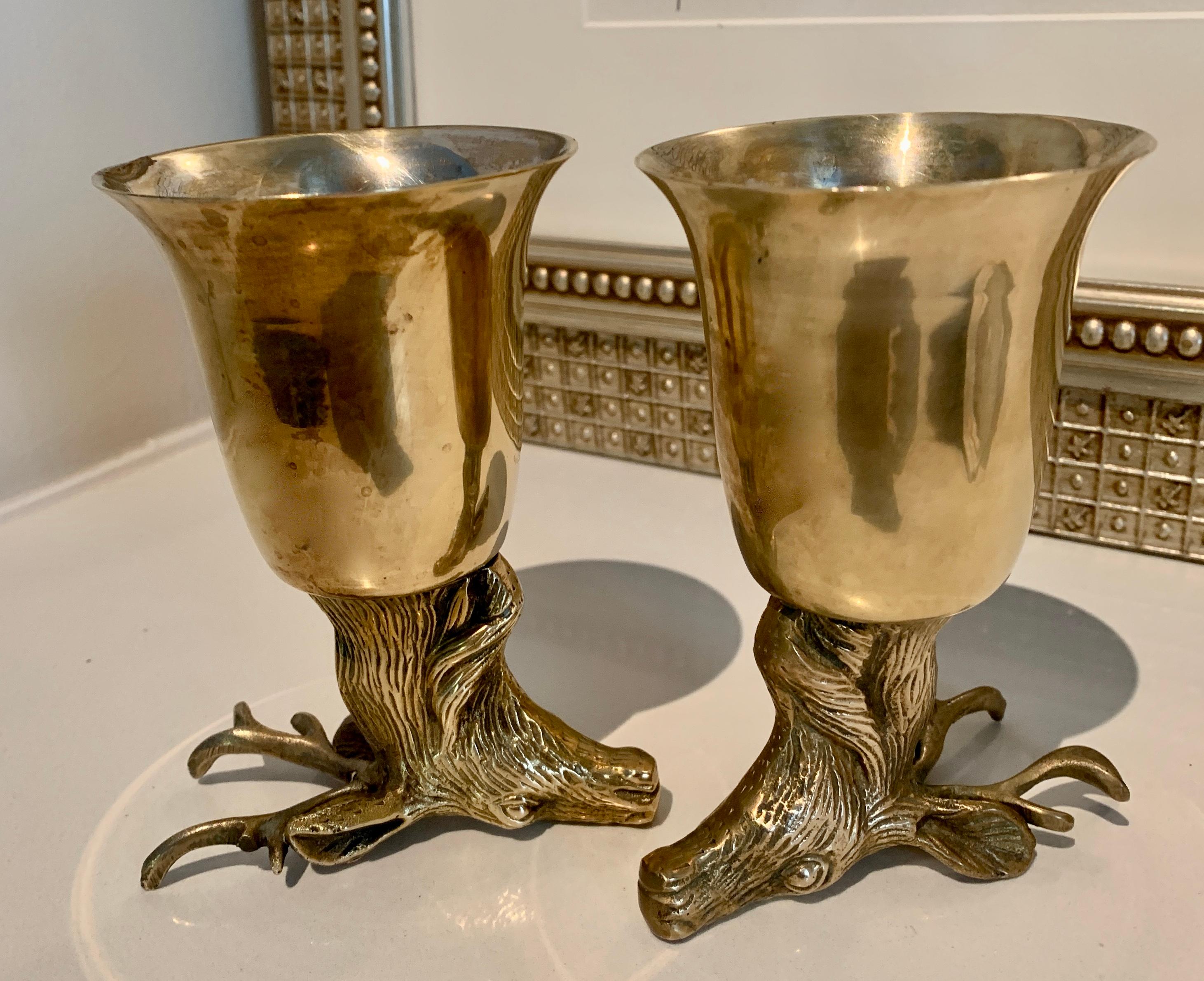 20th Century Pair of Brass Stag Stirrup Cups