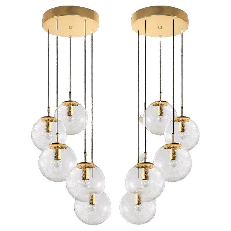 Pair of Brass Staircases Cascades with Five Hand Blown Globes, Glashütte Limburg