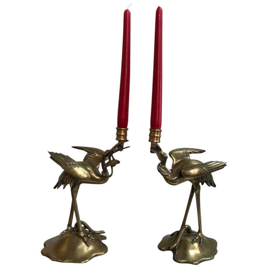 A beautiful pair of brass stalk candelabras, 19th century. The pair are finely decorated as Stalks, belonging to the family called Ciconiidae, and make up the order Ciconiiformes.
