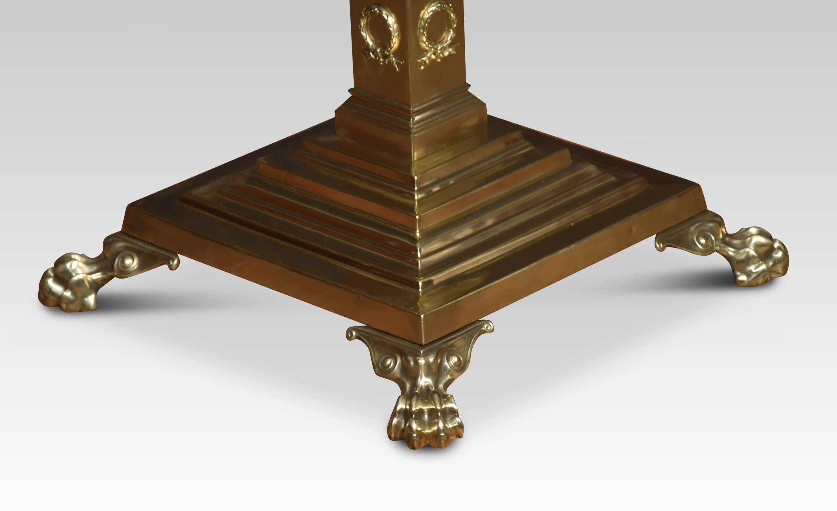 Pair of 19th-century brass standard lamps. Having a Corinthian column and adjustable stem, raised up on a stepped square base terminating in paw feet. Converted for electricity.
Dimensions
Height 59.5 Inches adjustable to 74.5 Inches
Width 15.5