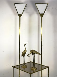 Pair of Mid-Century Brass Standard Floor Lamps with White Glass Shades, 1970s