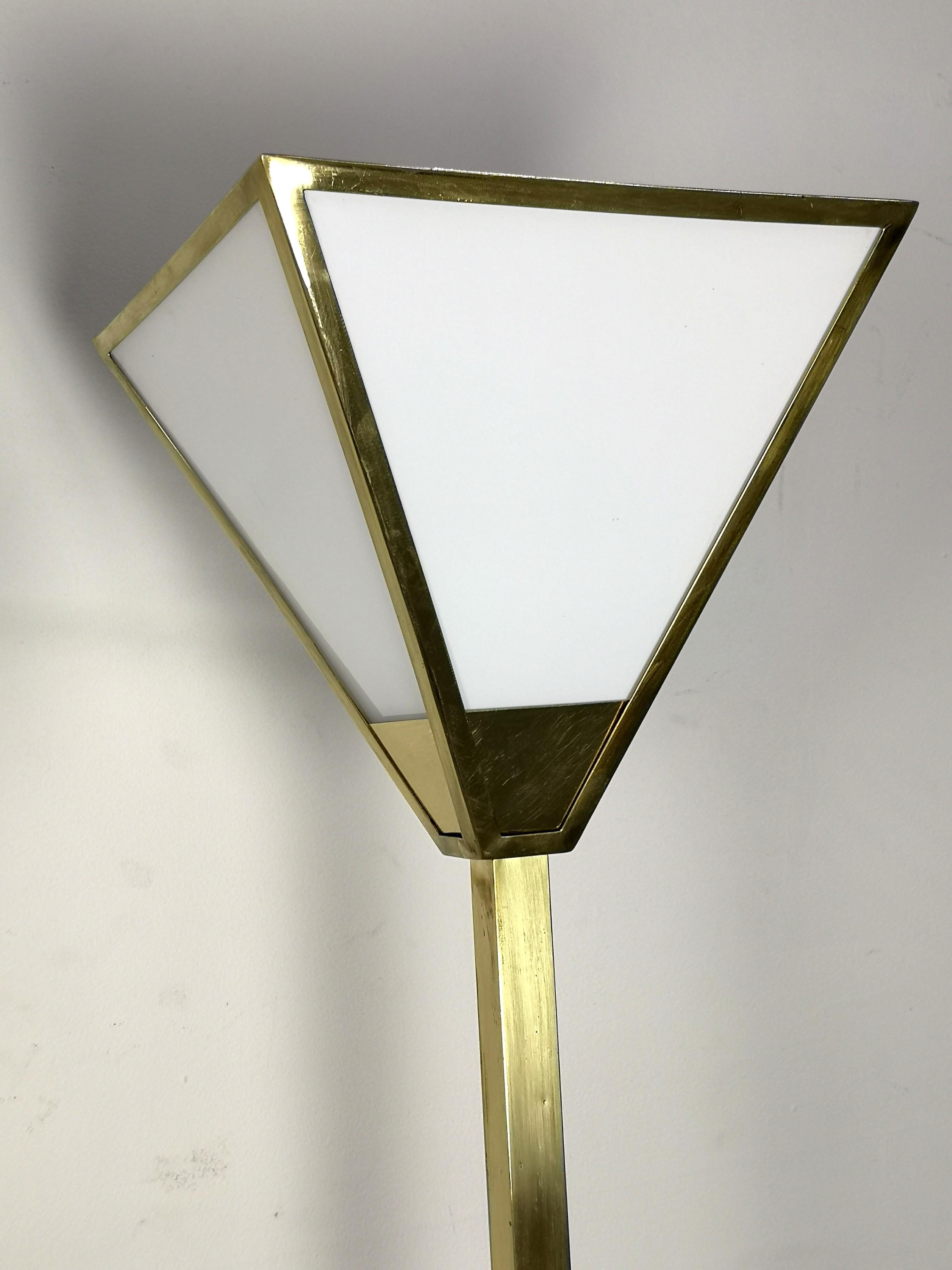 Art Deco Pair of Mid-Century Brass Standard Floor Lamps with White Glass Shades, 1970s For Sale