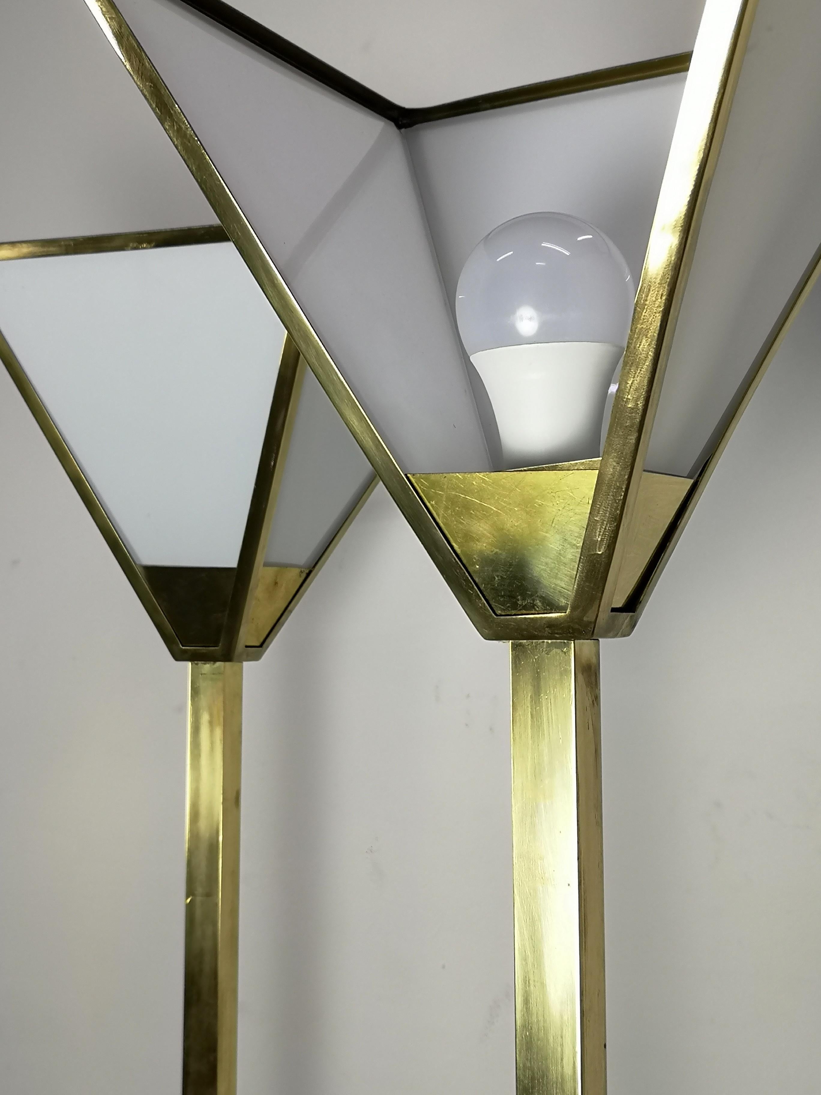Pair of Mid-Century Brass Standard Floor Lamps with White Glass Shades, 1970s For Sale 3