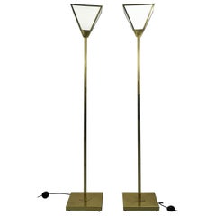 Pair of Mid-Century Brass Standard Floor Lamps with White Glass Shades, 1970s