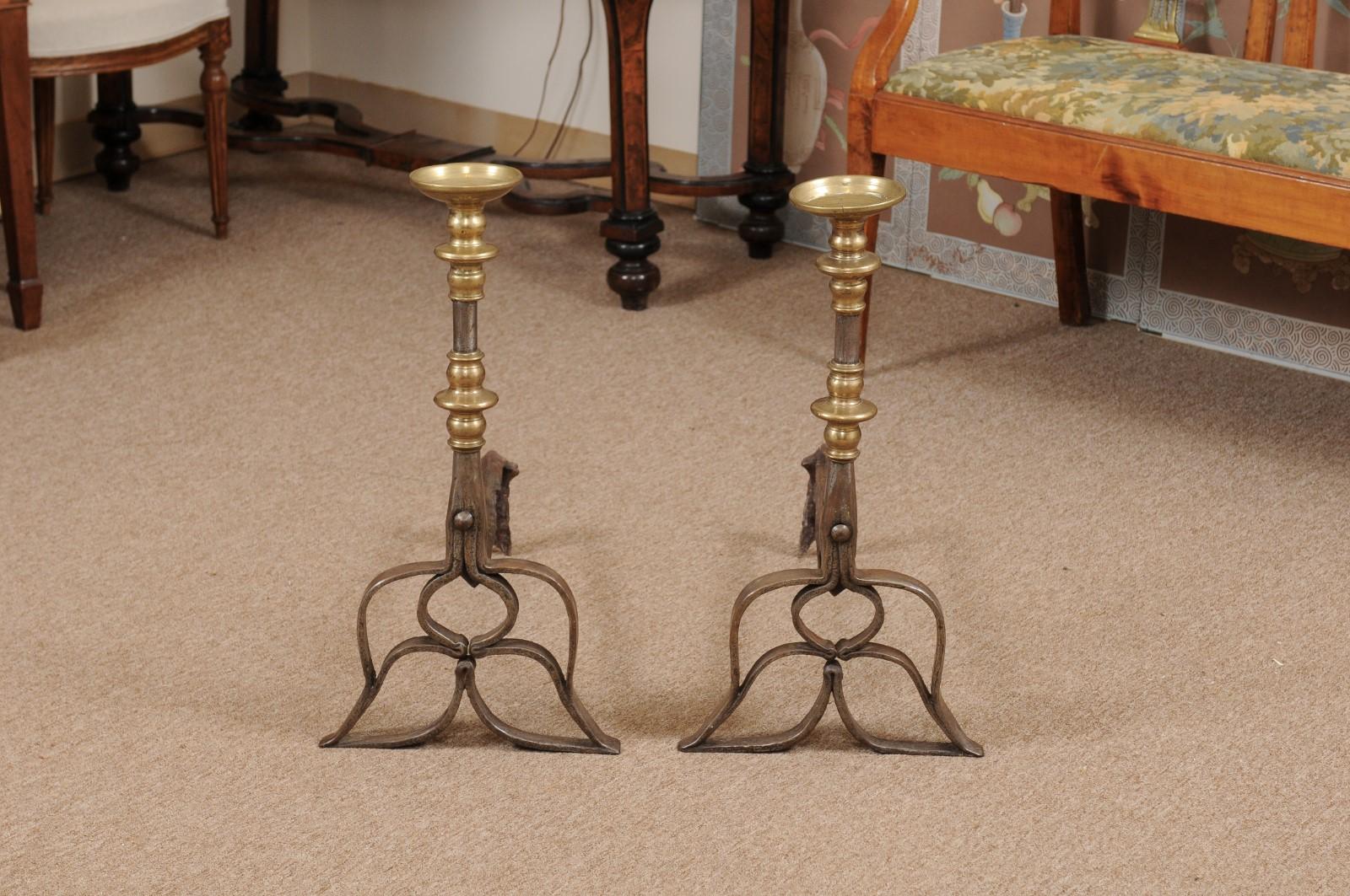 18th Century and Earlier Pair of Brass & Steel Andirons, 16th Century