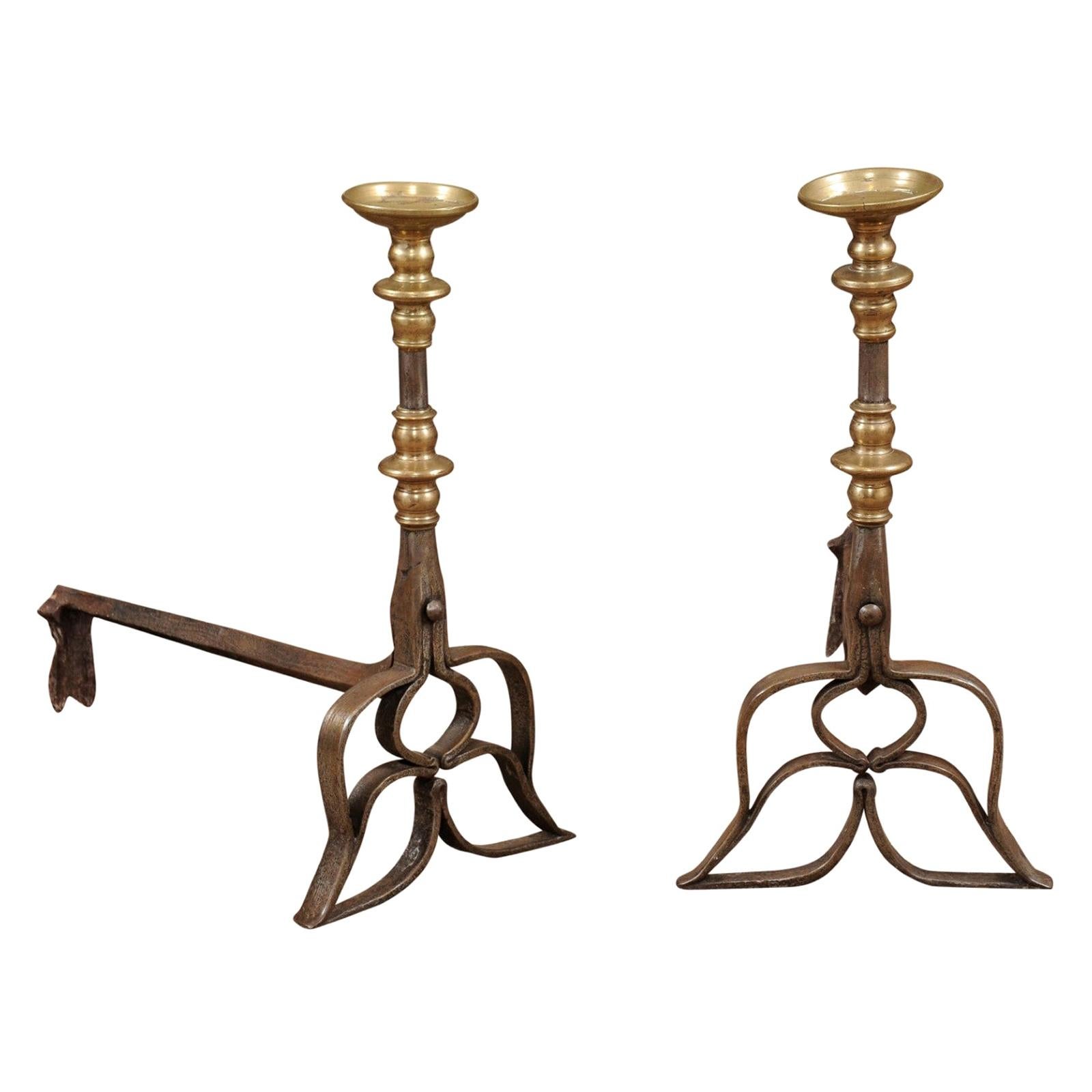 Pair of Brass & Steel Andirons, 16th Century