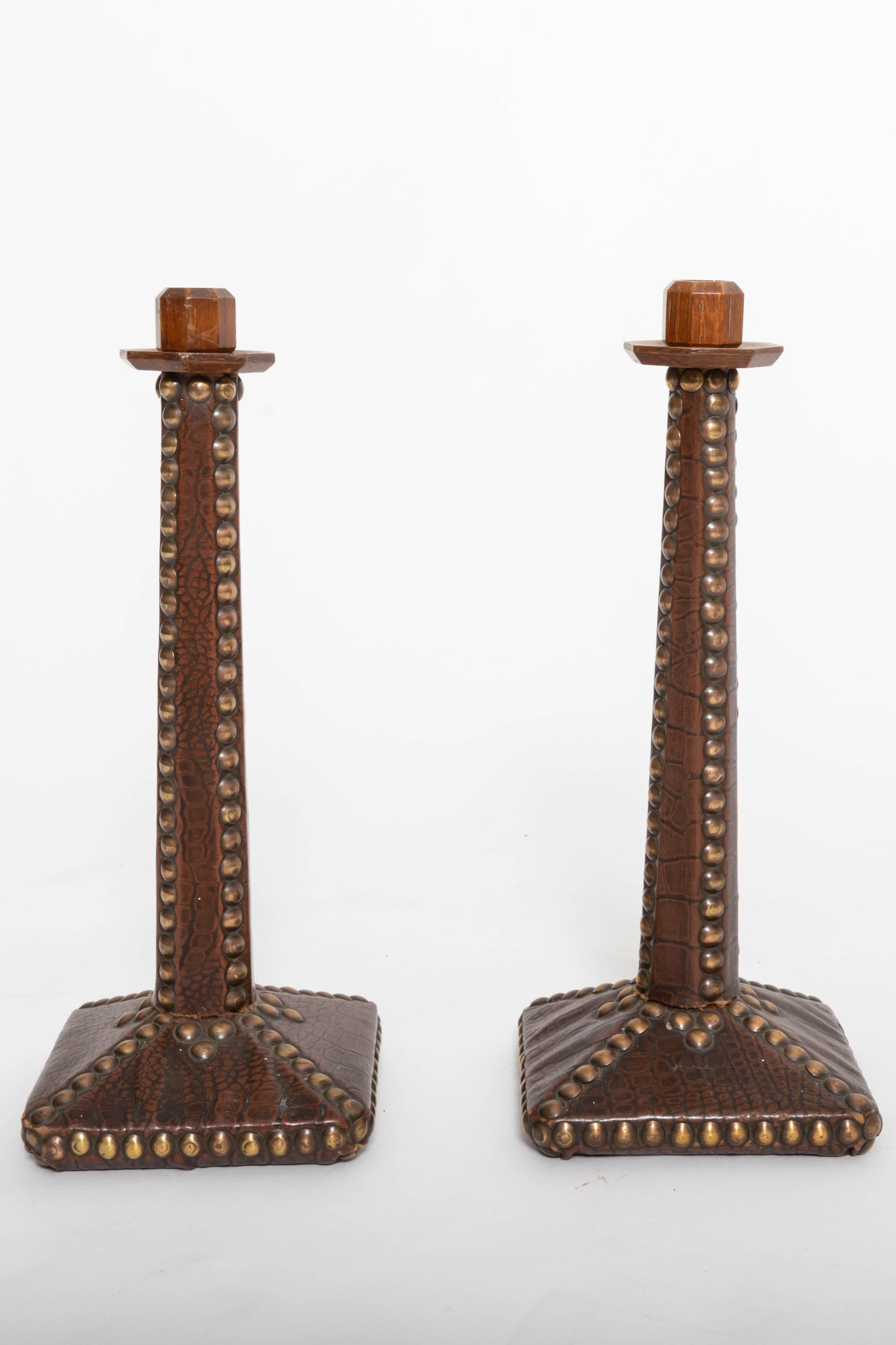 Georgian Pair of Brass-Studded Leather Arts & Crafts Candlesticks