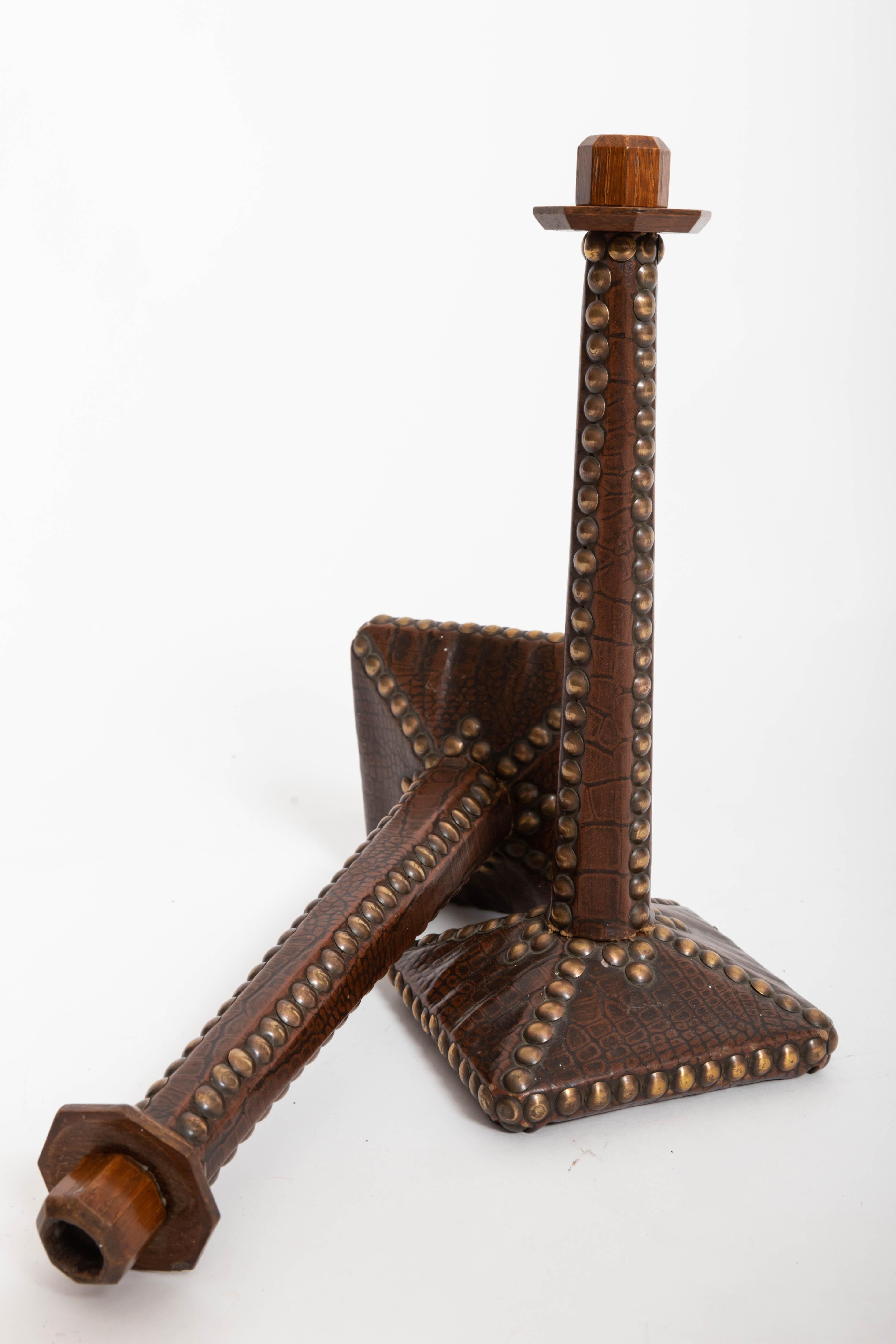 Pair of Brass-Studded Leather Arts & Crafts Candlesticks In Good Condition In East Hampton, NY