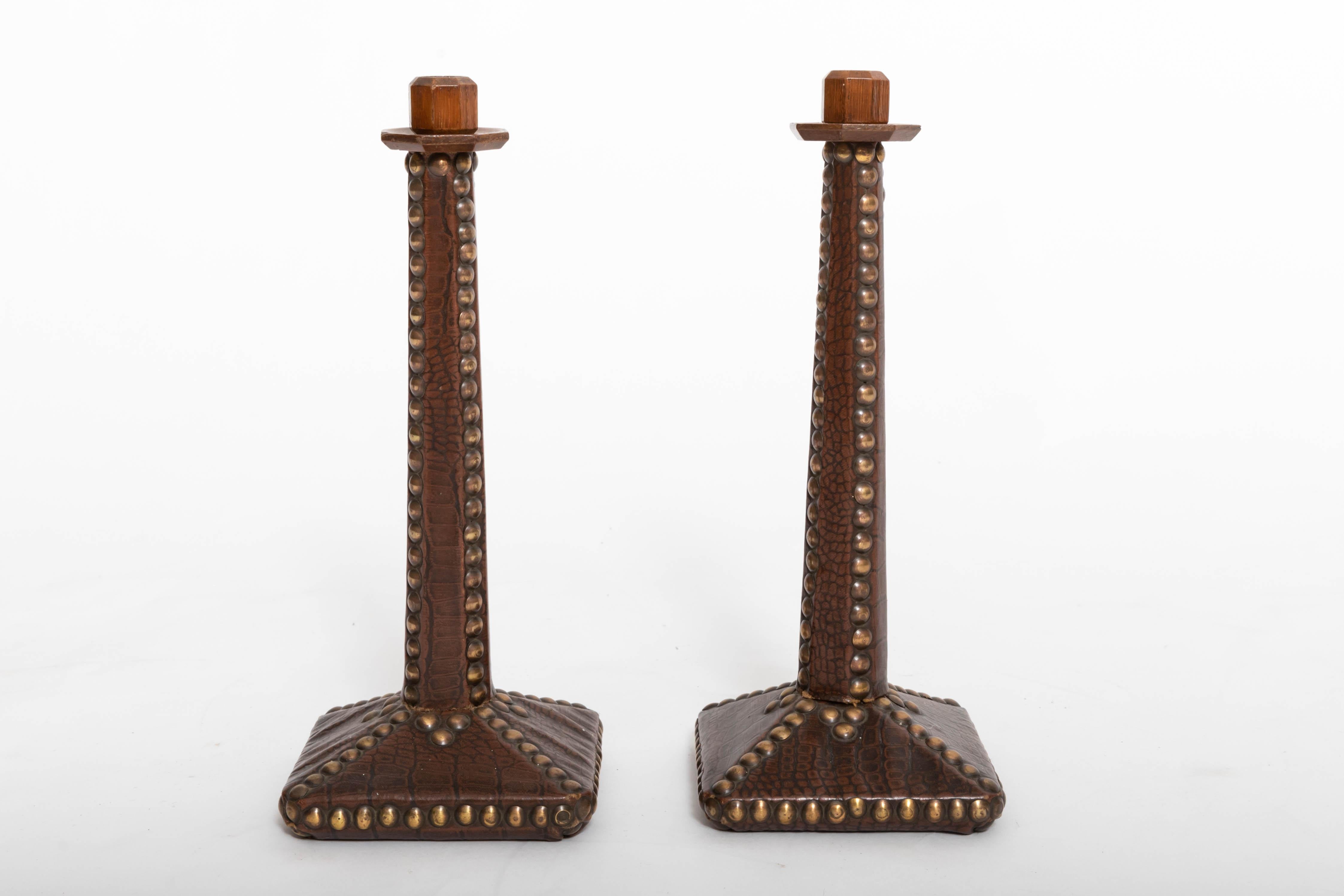 Pair of Brass-Studded Leather Arts & Crafts Candlesticks 1
