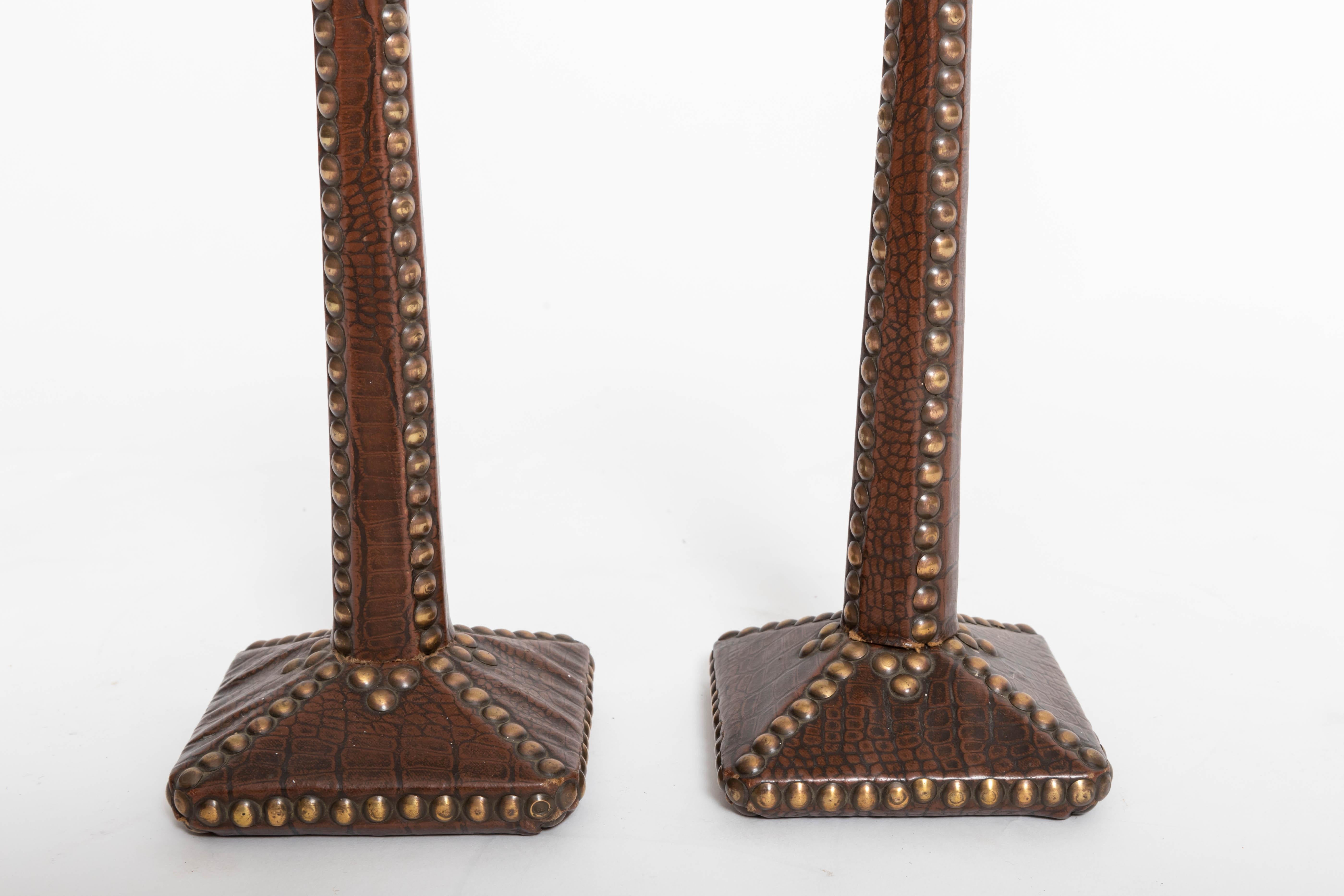 Pair of Brass-Studded Leather Arts & Crafts Candlesticks 3