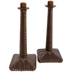 Pair of Brass-Studded Leather Arts & Crafts Candlesticks