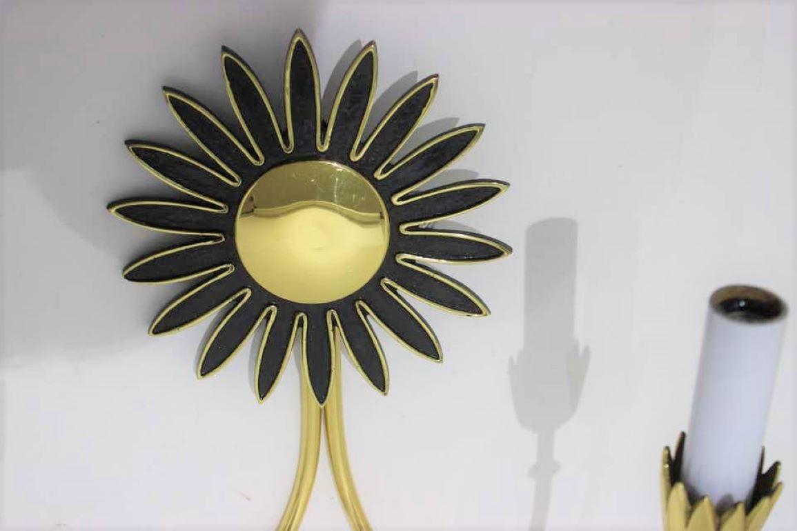 Pair of Brass Sunflower Motif Brass Wall Sconces For Sale 5