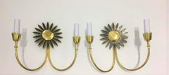 Pair of Brass Sunflower Motif Brass Wall Sconces