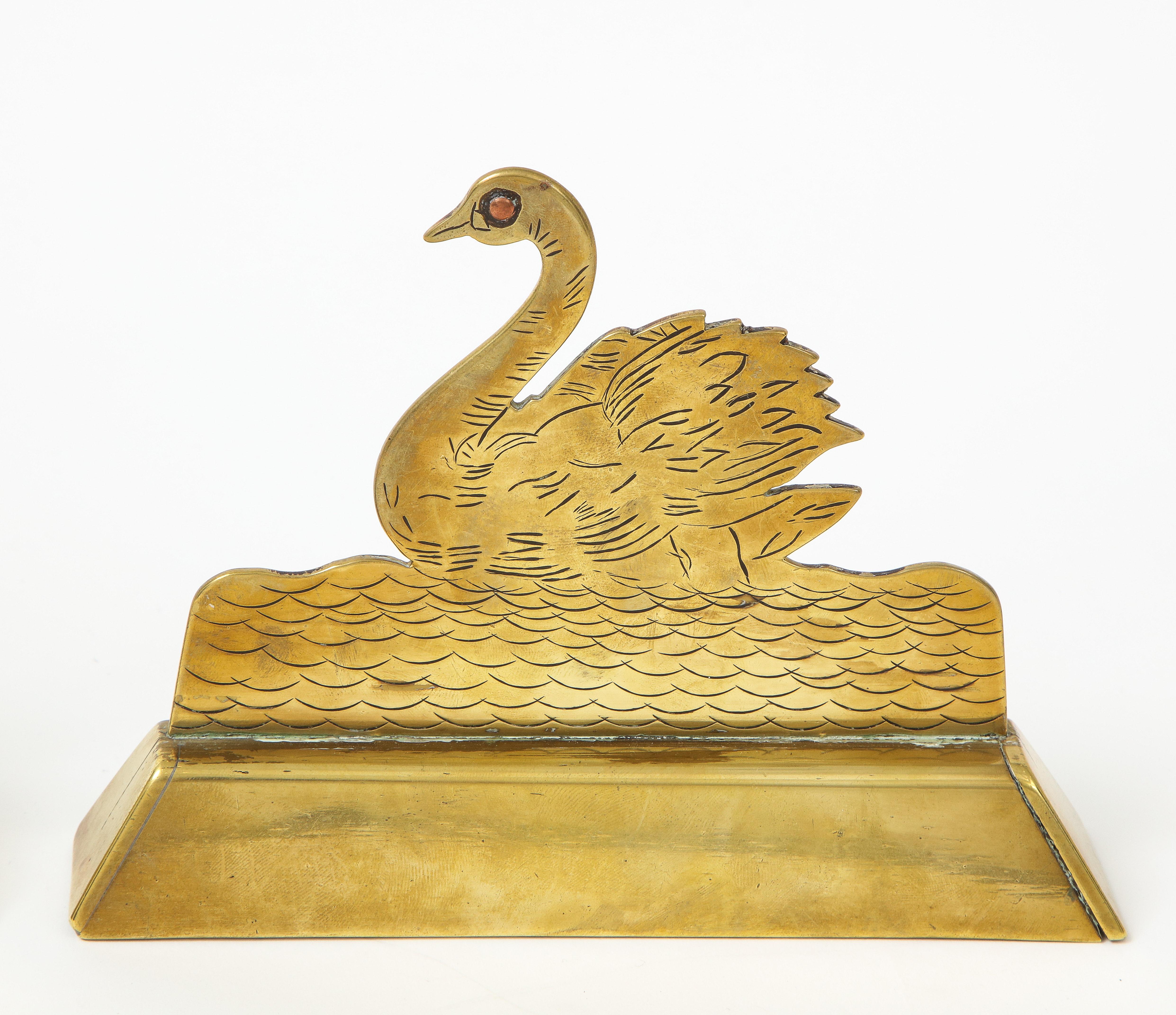 Pair of Brass Swan Bookends In Distressed Condition In South Salem, NY