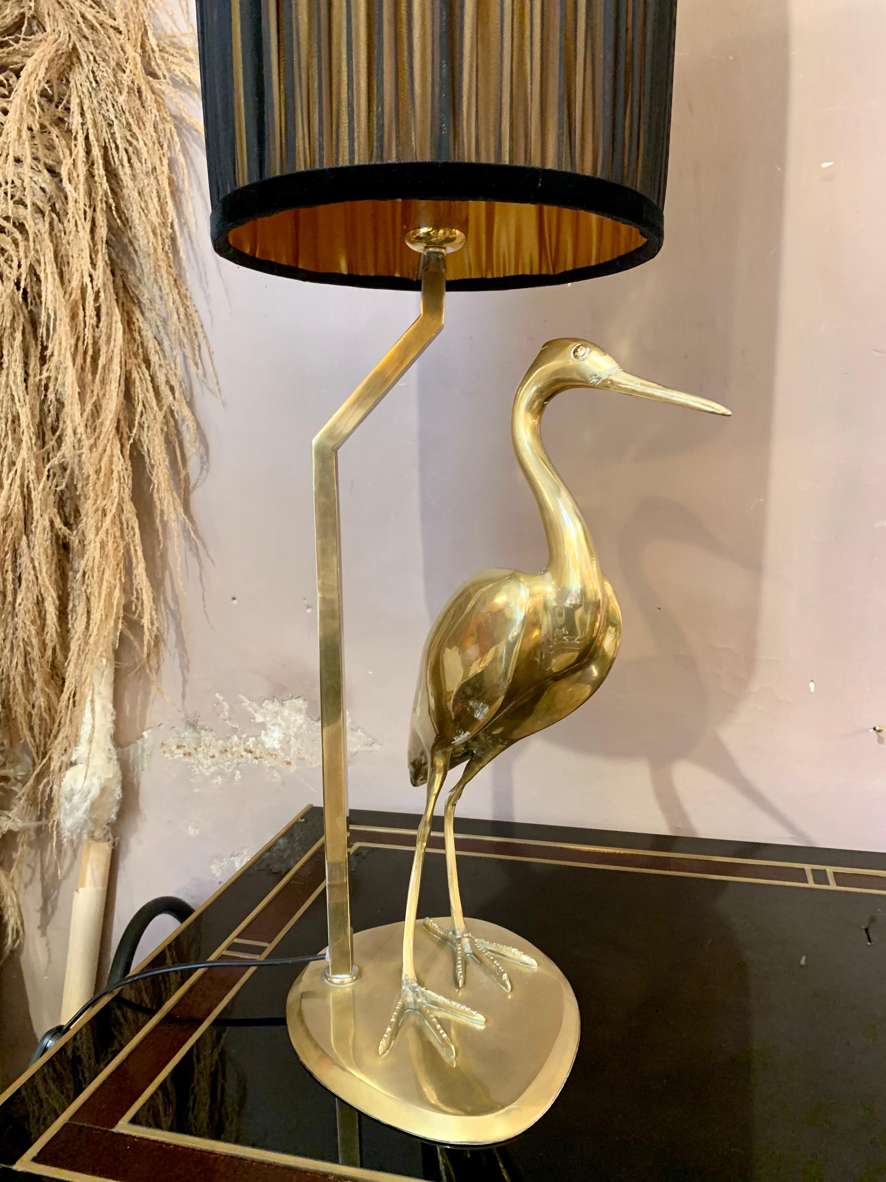 Pair of Brass Heron Sculpture Lamps Double Color Handcrafted Lampshades, 1950s 6