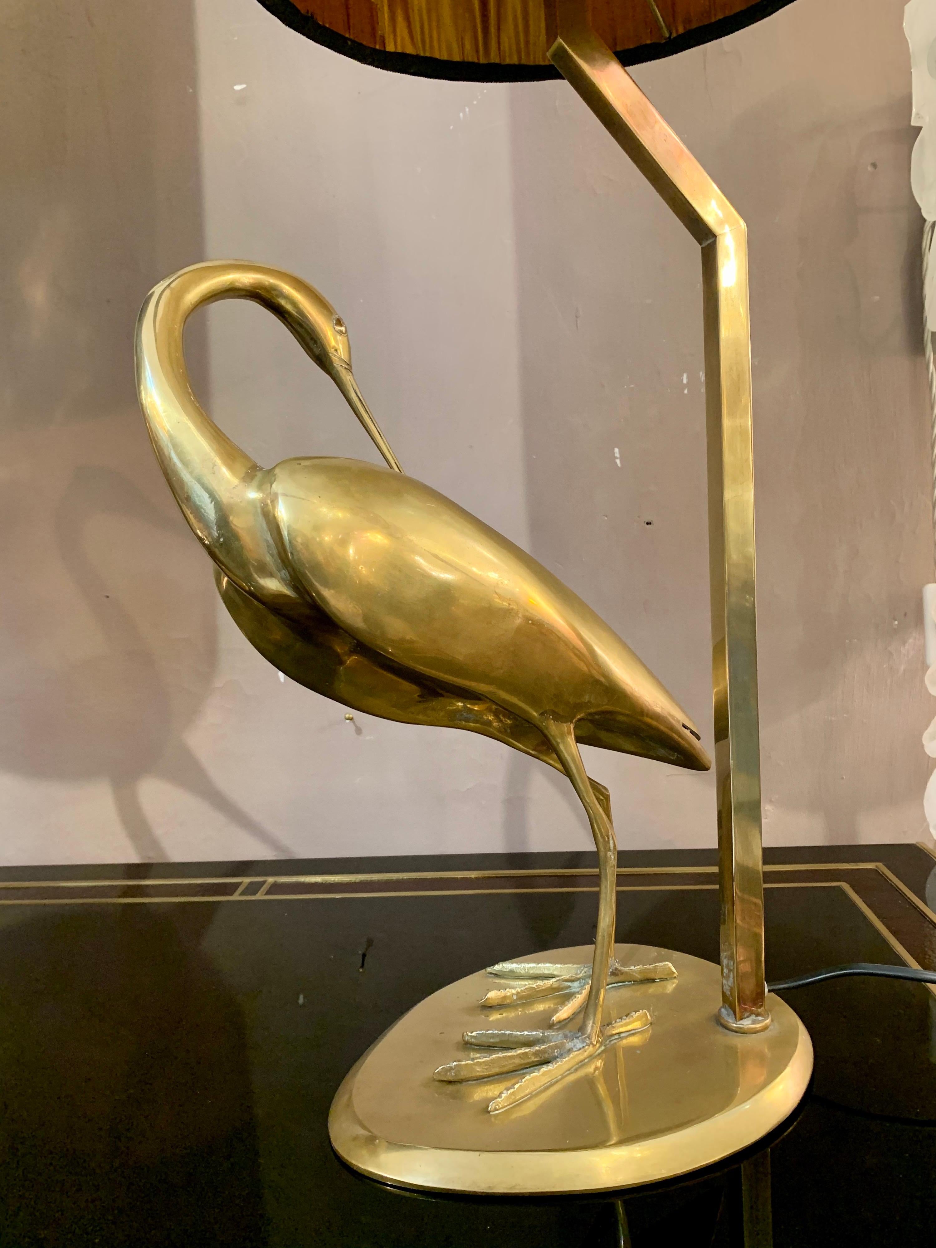 Pair of Brass Heron Sculpture Lamps Double Color Handcrafted Lampshades, 1950s 7