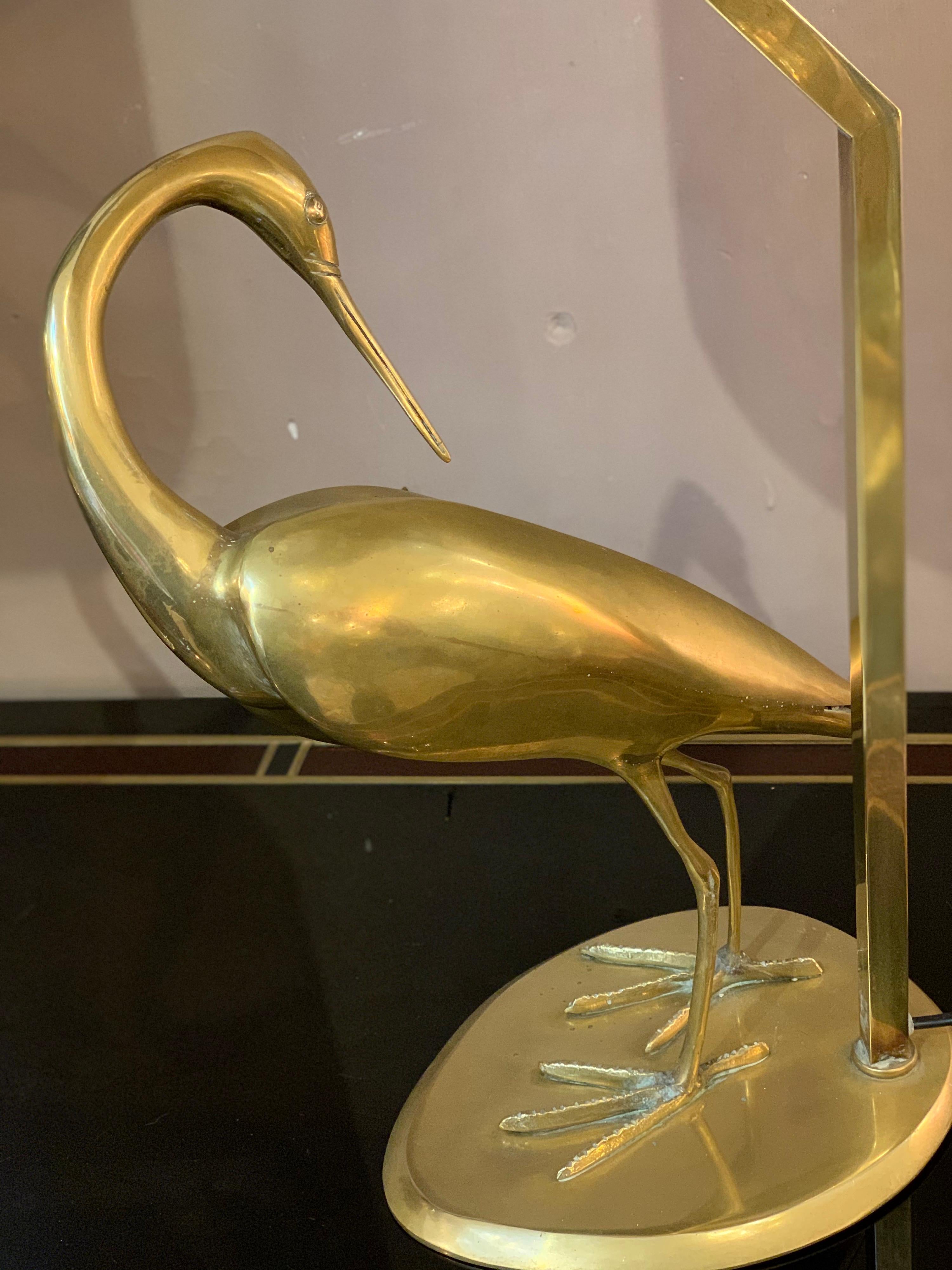 Pair of Brass Heron Sculpture Lamps Double Color Handcrafted Lampshades, 1950s 8