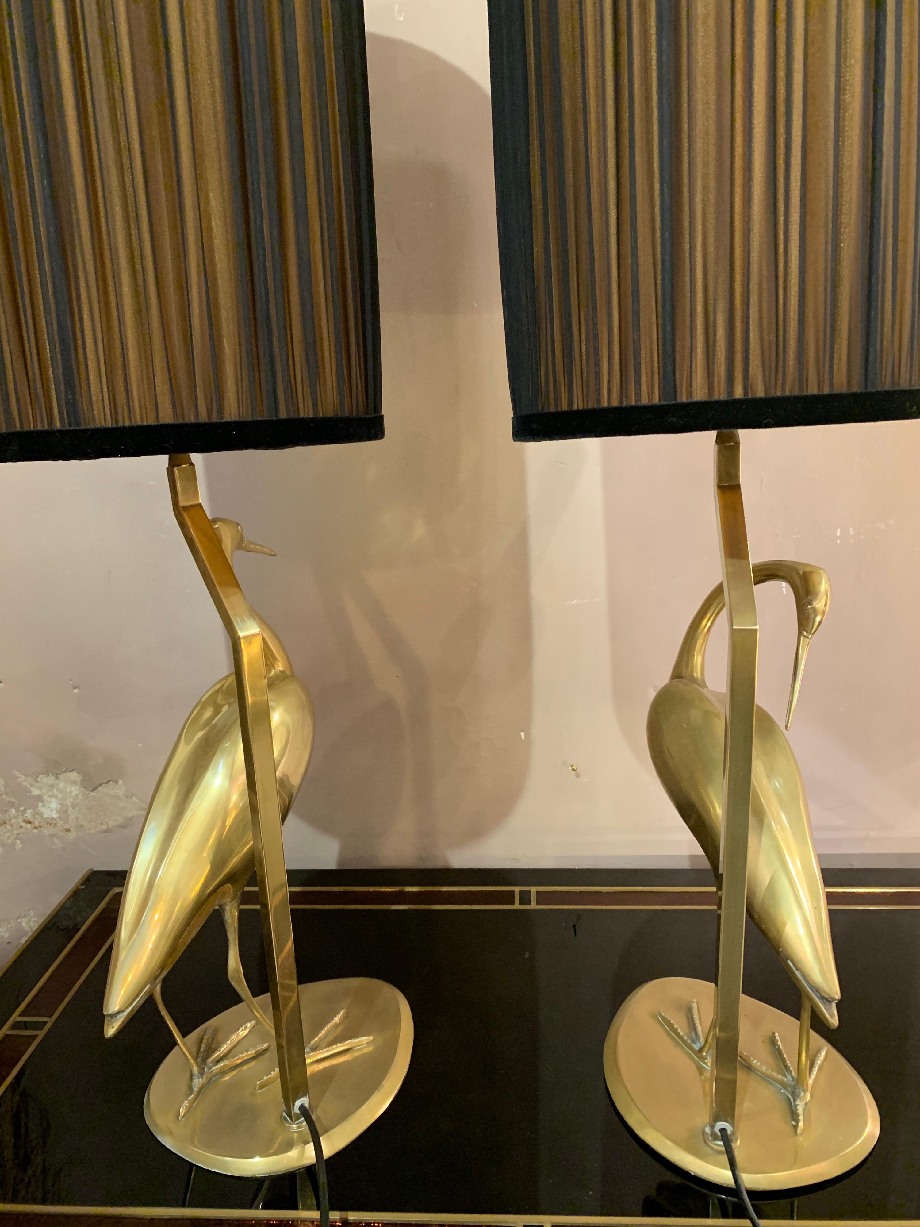 Pair of Brass Heron Sculpture Lamps Double Color Handcrafted Lampshades, 1950s 11