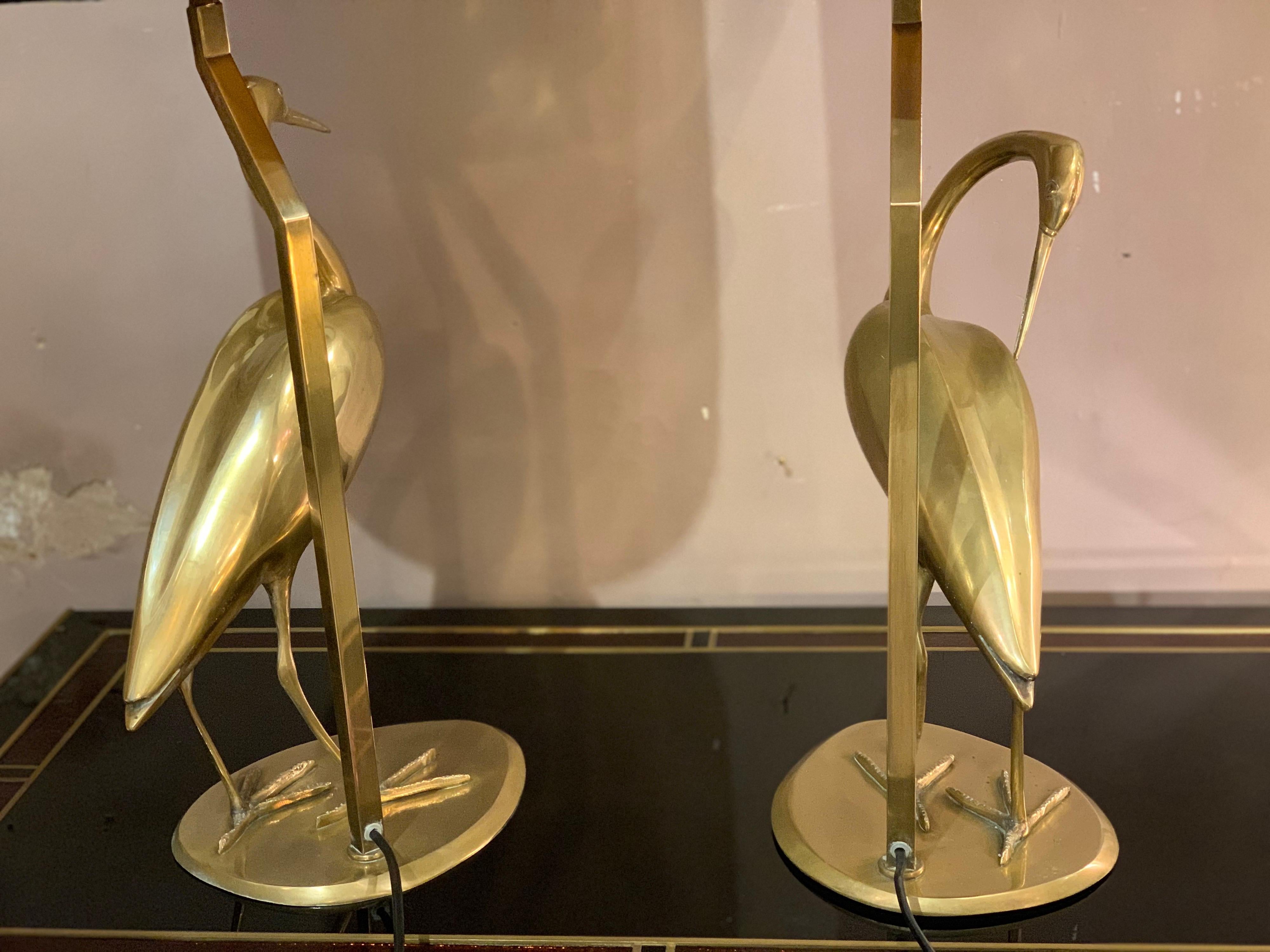 Pair of Brass Heron Sculpture Lamps Double Color Handcrafted Lampshades, 1950s 12