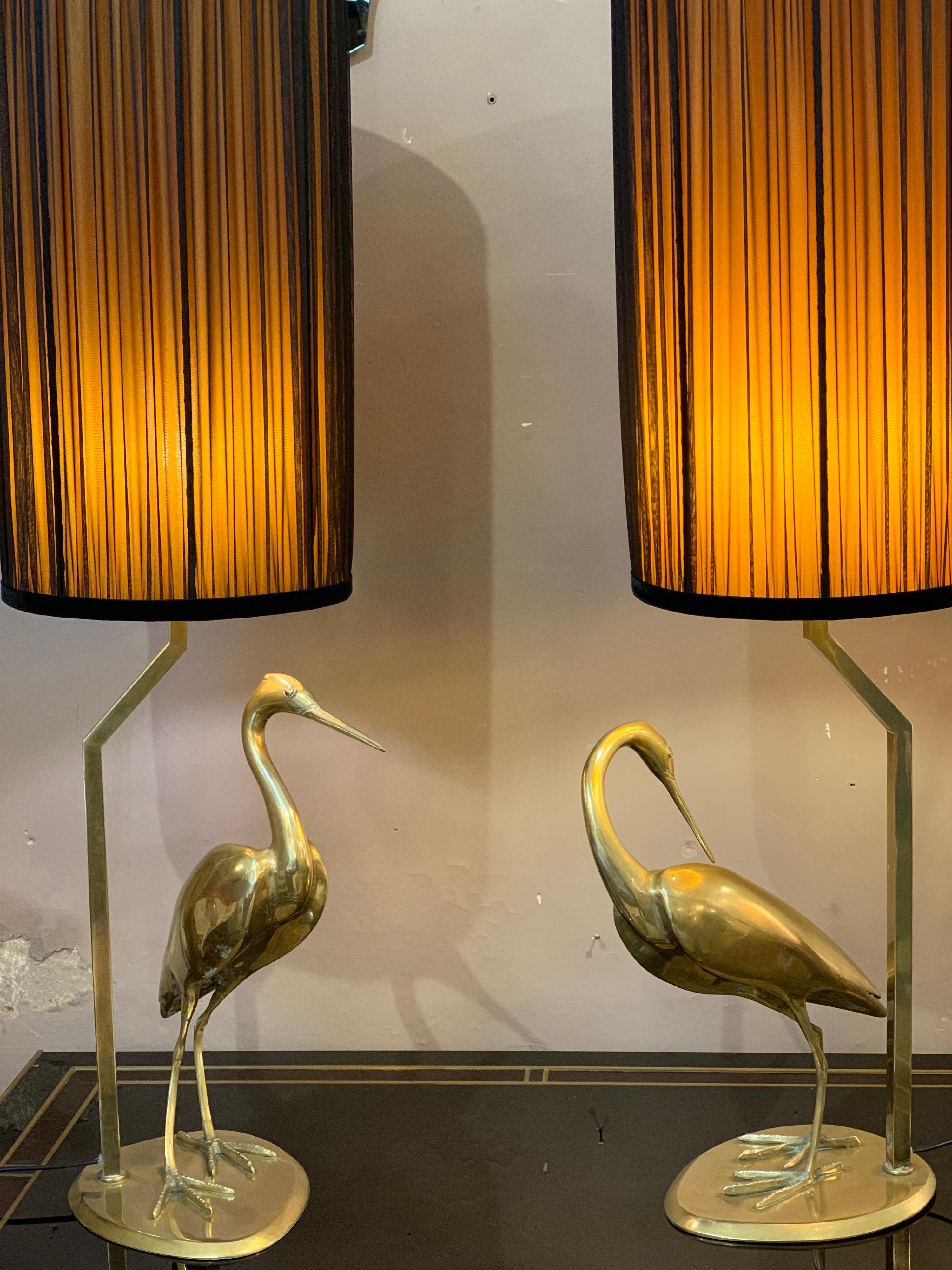 Italian Pair of Brass Heron Sculpture Lamps Double Color Handcrafted Lampshades, 1950s
