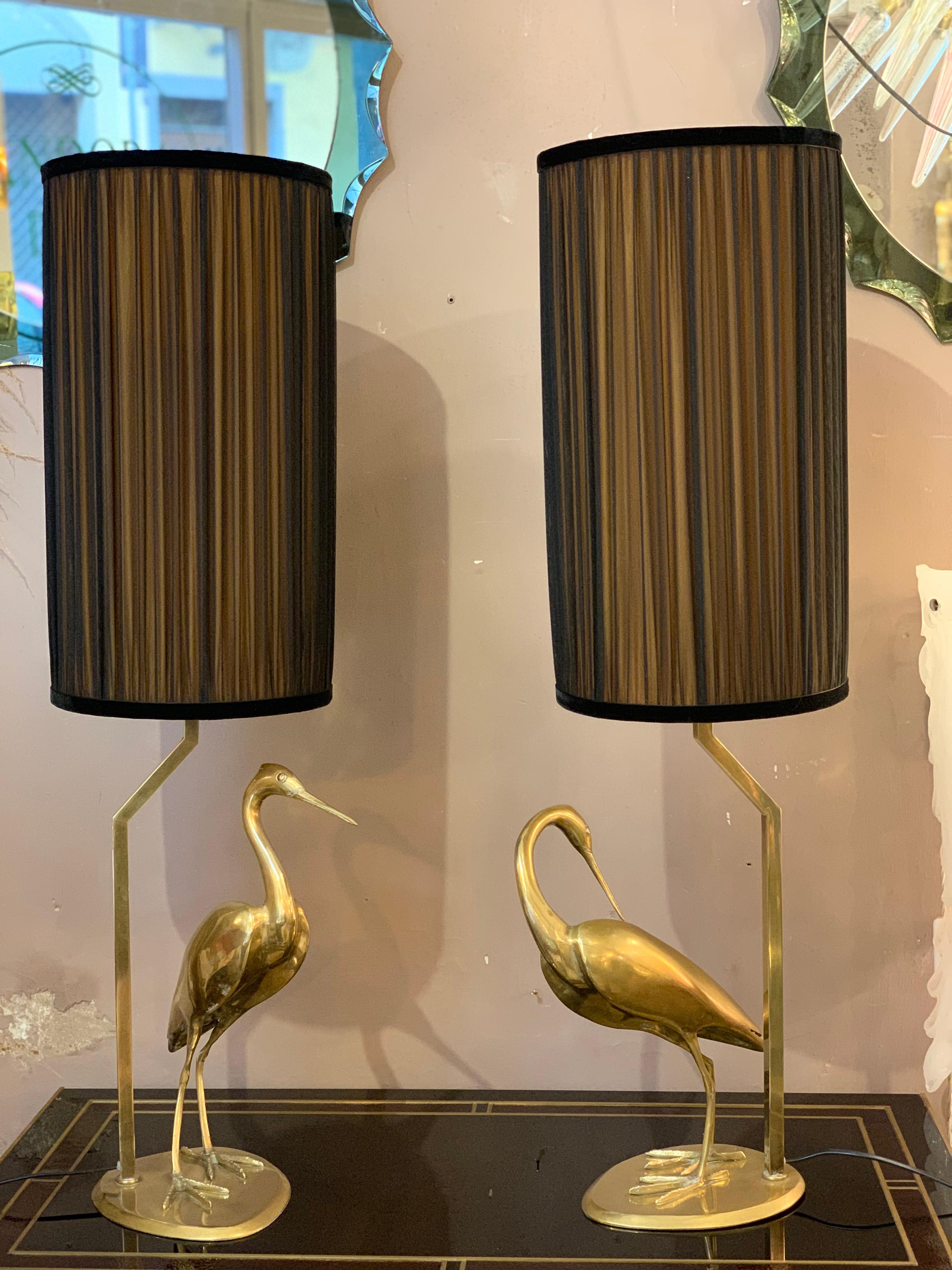 Pair of Brass Heron Sculpture Lamps Double Color Handcrafted Lampshades, 1950s 3