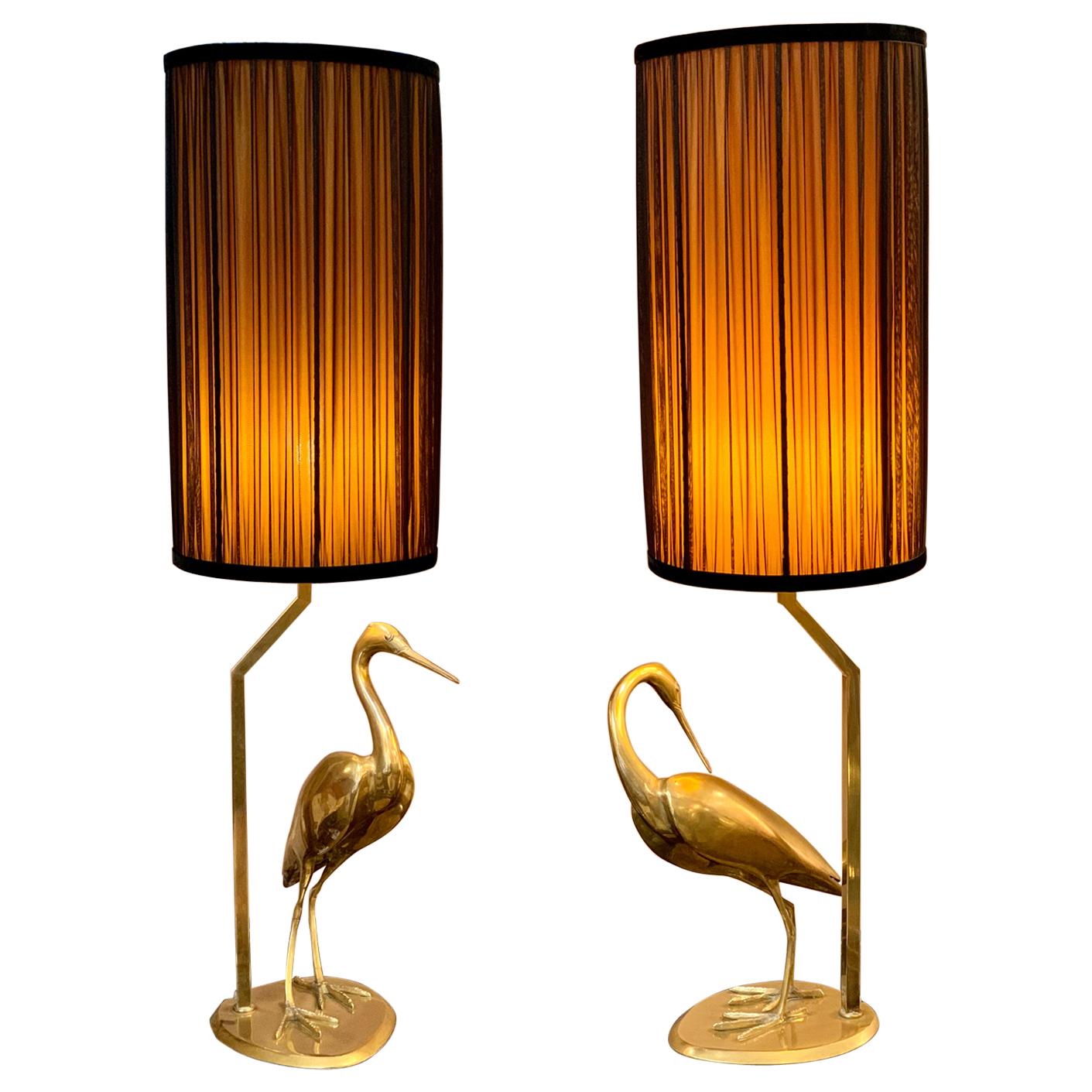 Pair of Brass Heron Sculpture Lamps Double Color Handcrafted Lampshades, 1950s