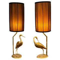 Pair of Brass Heron Sculpture Lamps Double Color Handcrafted Lampshades, 1950s