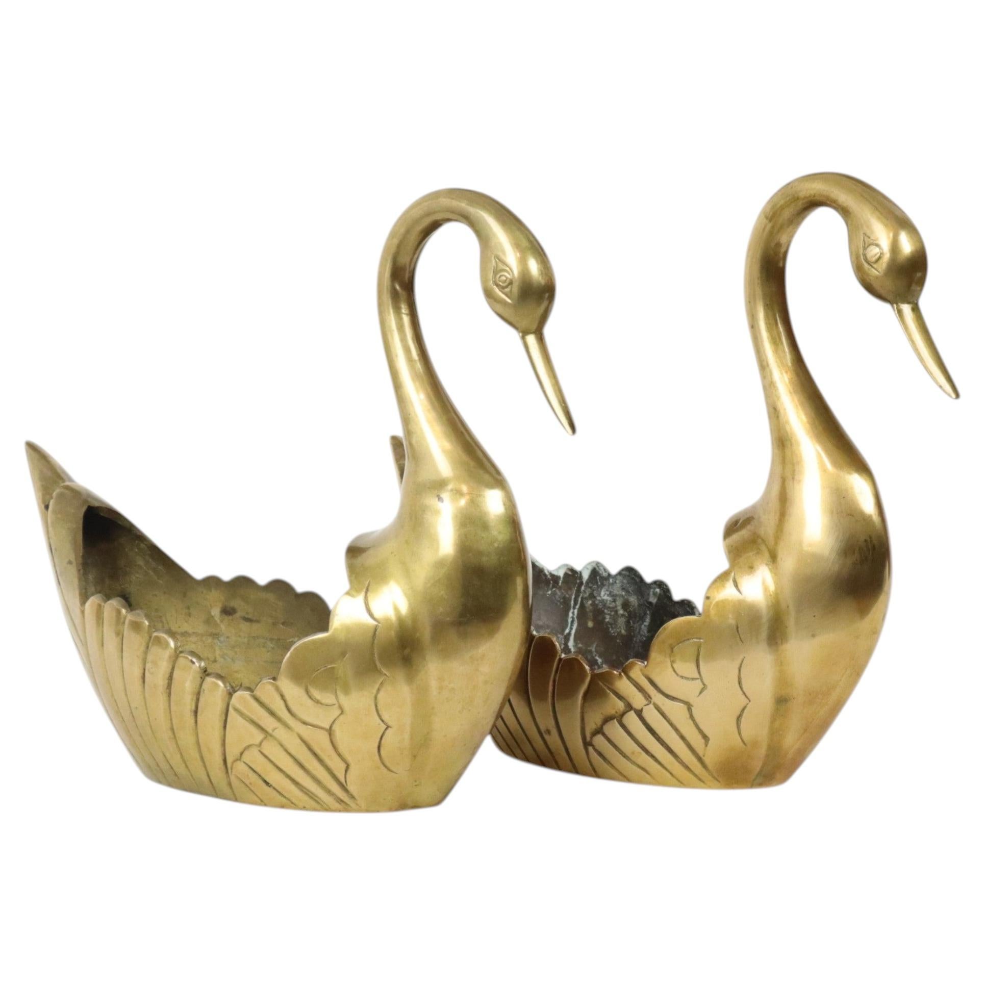 Pair of Brass Swans Jardinières Flowerpot Vintage 31cm