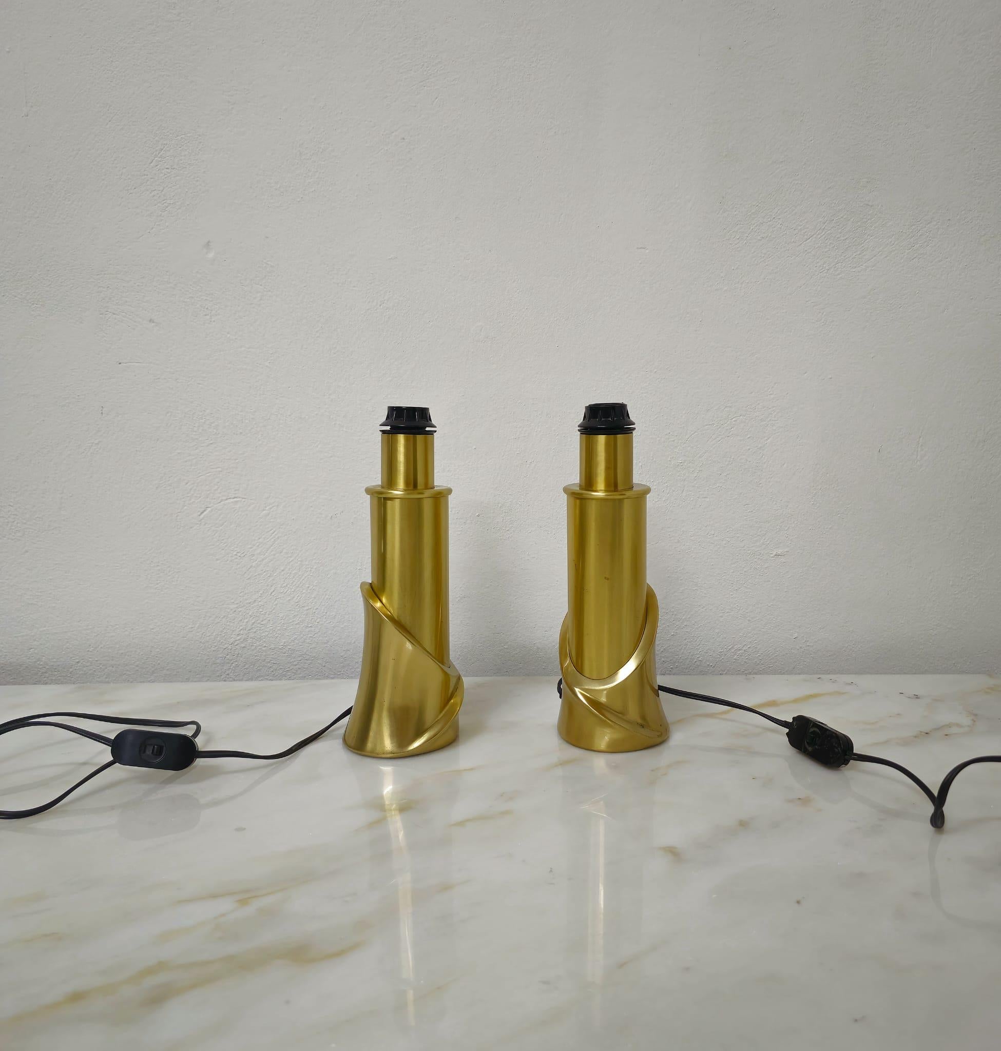 Pair of brass table/bedside lamps, attributed to Luciano Frigerio, Italy, 1970s
Excellent condition, intact and working. Very small signs of aging. E 27 lamp socket. They have always belonged to my family, purchased by my grandparents in 1973.