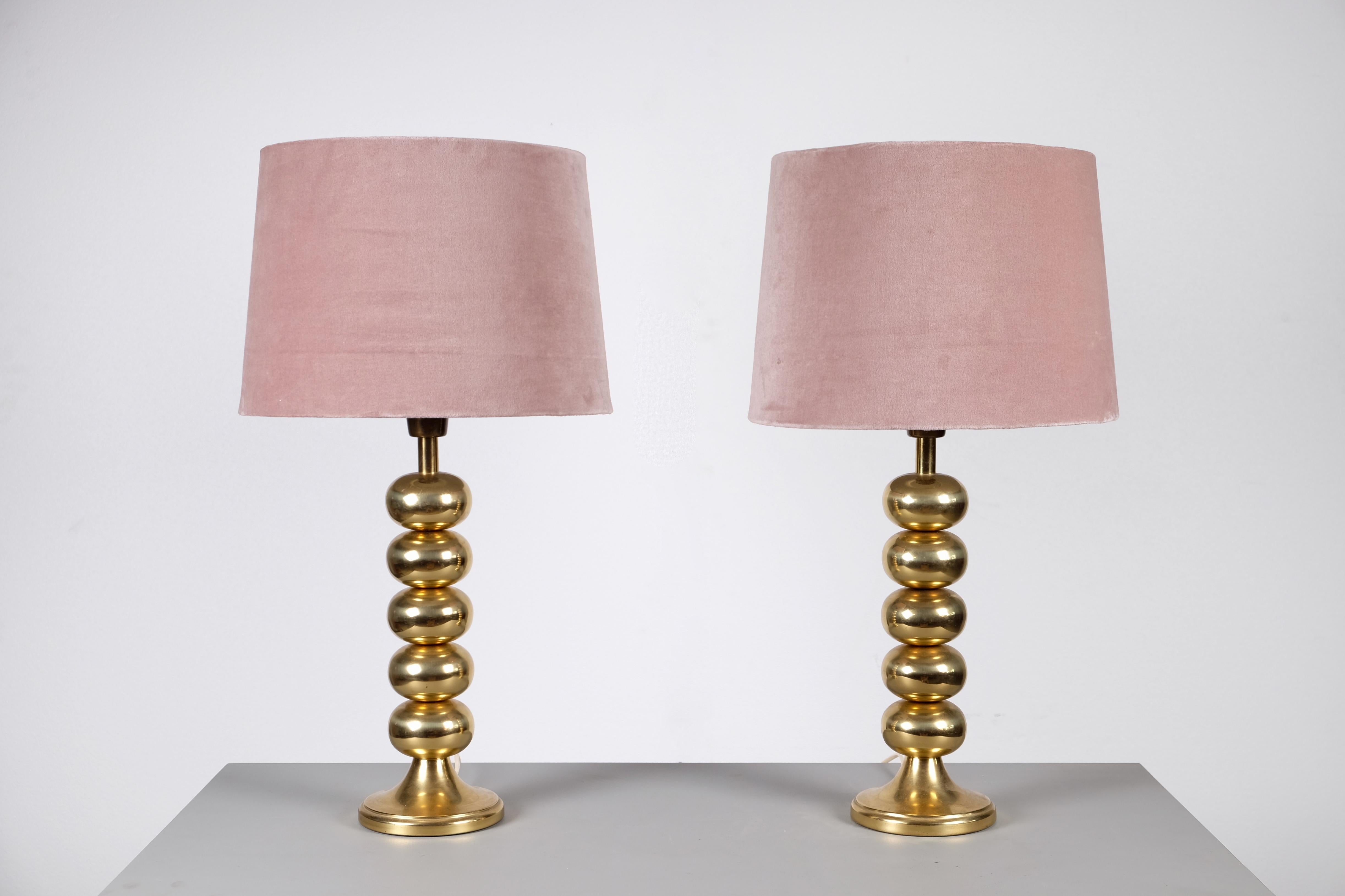 Velvet Pair of Brass Table Lamps by Aneta, Sweden, 1970s For Sale