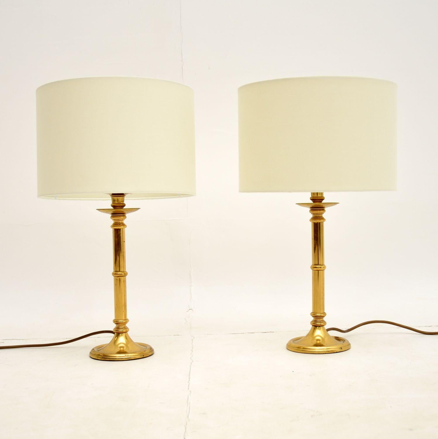 A beautiful pair of vintage solid brass table lamps, made in England and dating from around the 1970’s.

The quality is excellent, these are well made and are a lovely size. The condition is very good for their age, with just some minor surface