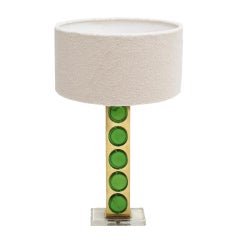 Mid Modern Style Pair of Brass Italian Table Lamps with Green Murano Glass