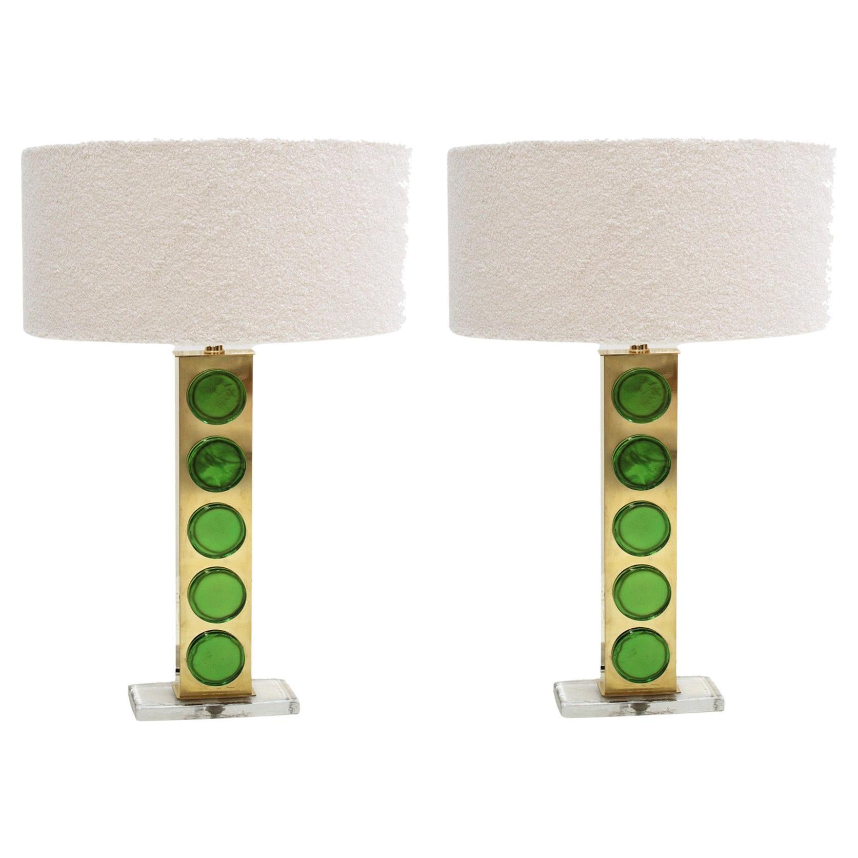 Pair of Brass Table Lamps with Green Murano Glass Italy 