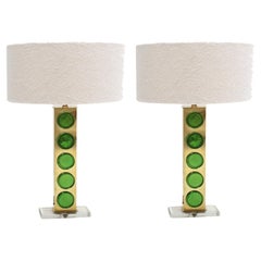 Pair of Brass Table Lamps with Green Murano Glass Italy